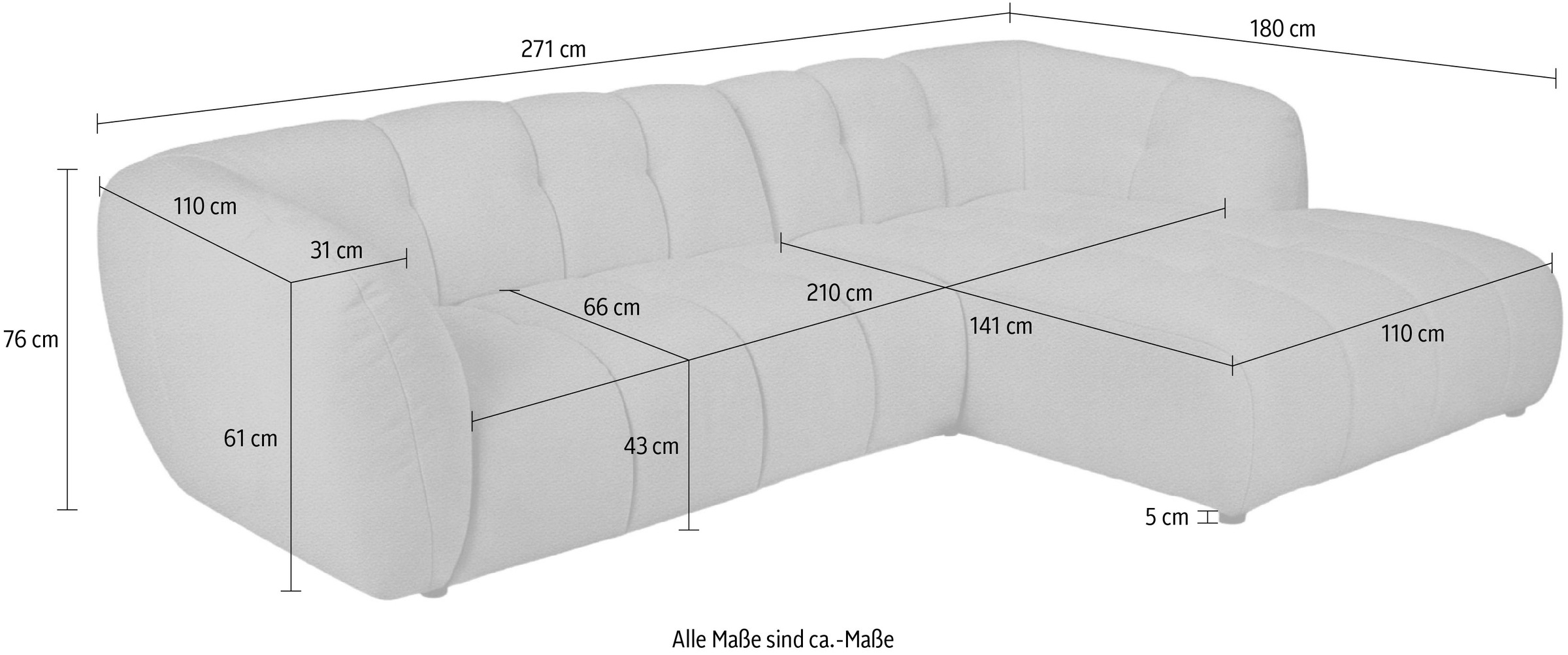 OTTO home Ecksofa »Gerron, Struktur-Chenille-Stoff mit Mélange-Effekt« Breite 271 cm, L-Form, vertikale Steppung, organische Rundungen