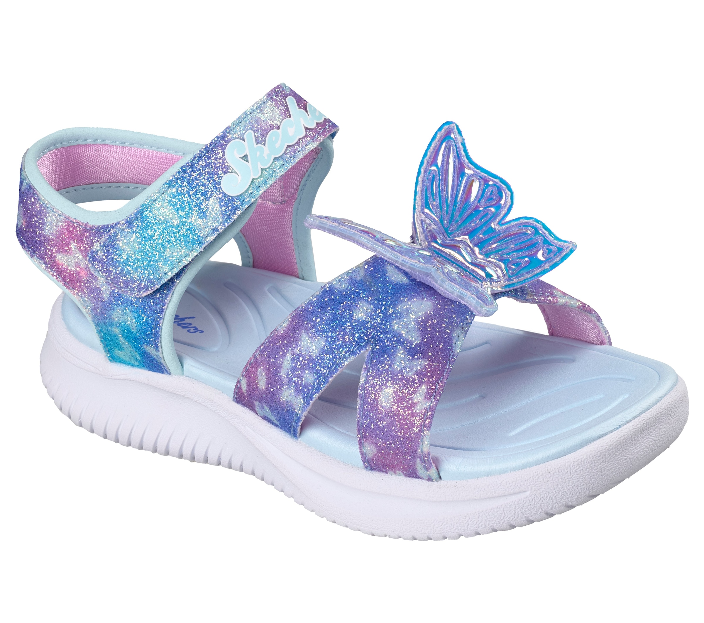 Sandale SKECHERS "JUMPSTERS SANDAL-BUTTERFLY BRITES", Mädchen, Gr. 31, blau, rosa, Lederimitat, Glitzer, kontrastfarbene Details, Schuhe Sandale, Sommerschuh mit Schmetterling, Größenschablone zum Download