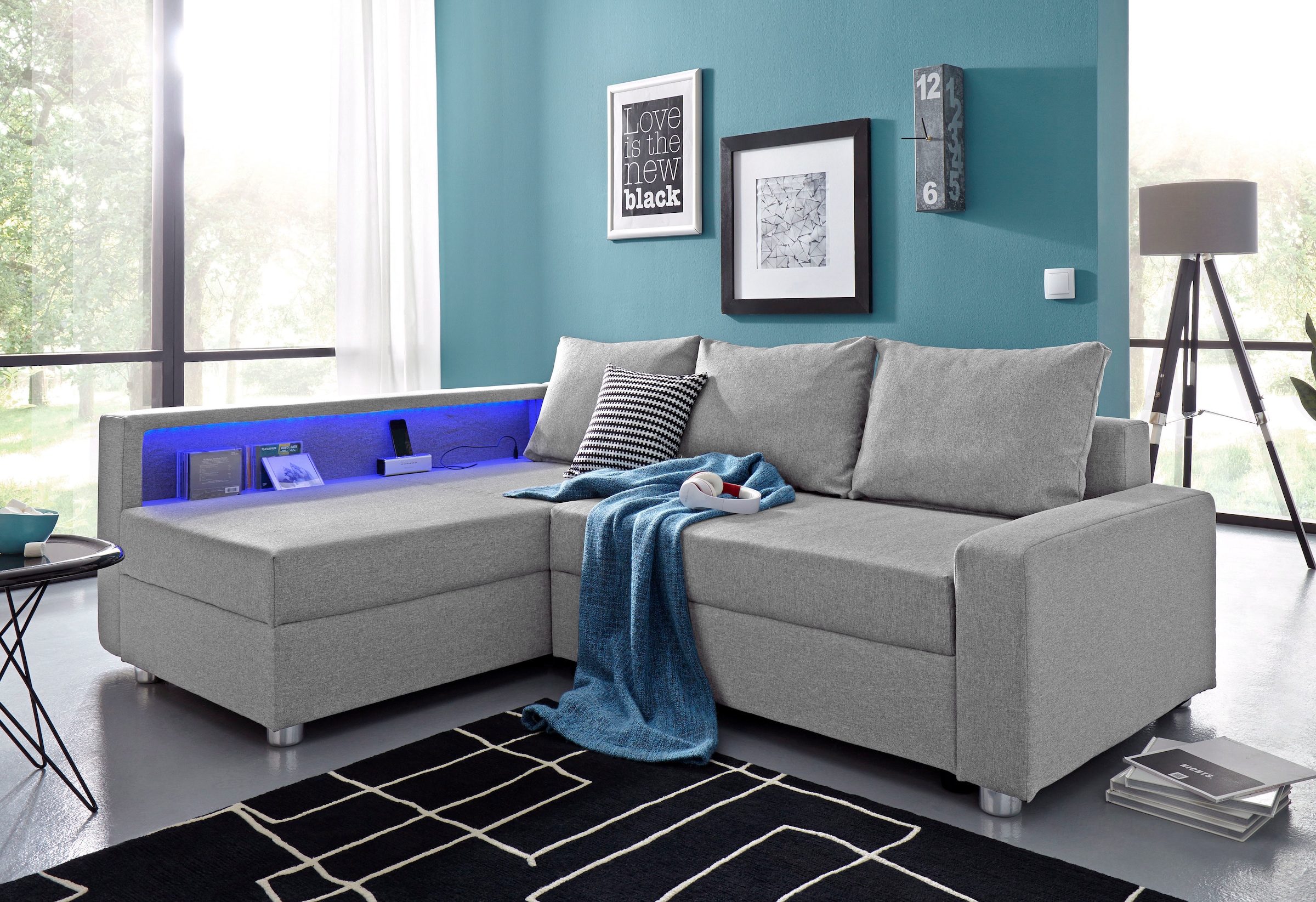 COLLECTION AB "Relax L-Form, B: 223 cm" Schlaffunktion, Bettkasten, Regal & 1 Zierkissen, optional Licht