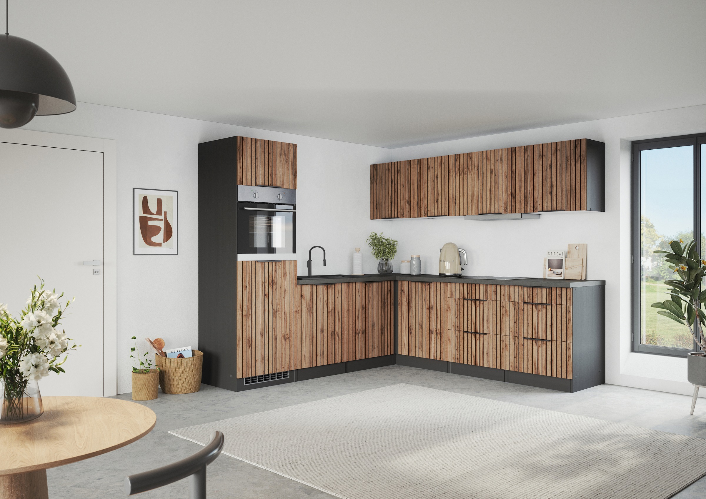 KOCHSTATION Winkelküche "KS-Lagos, Stellbreite 240/240 cm, wahlweise mit E-Geräten" GK-oder Induktionskochfeld,Kühlschrank,Spüle edelstahl oder schwarz