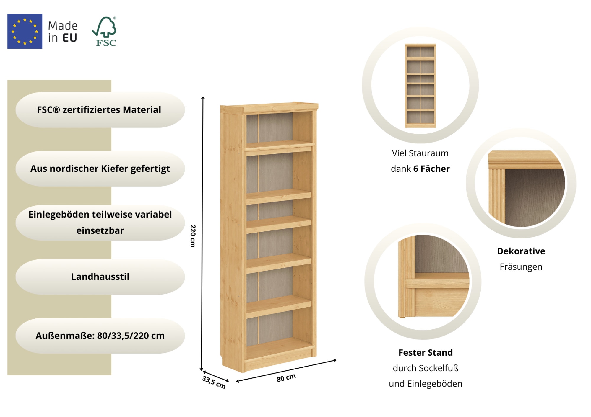 OTTO home Bücherregal »Soeren Regal B/T/H: 80/33,5/220 cm, mit 6 Fächern« massive Kiefer, FSC®-zertifizier
