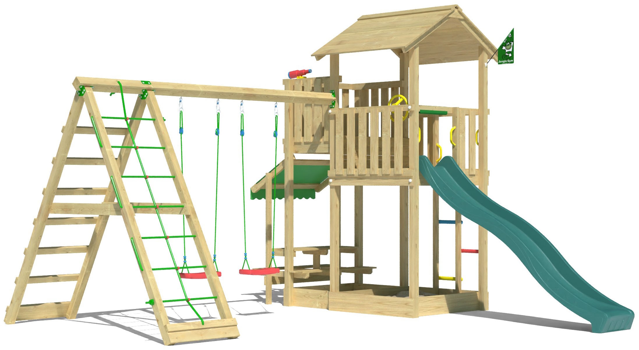 JUNGLE GYM Jungen Spielturm "Veranda", grün, Holzwerkstoff, B:454cm H:310cm T:437cm, Spieltürme, Spielanlage mit Schaukel, Kletterbock und Rutsche