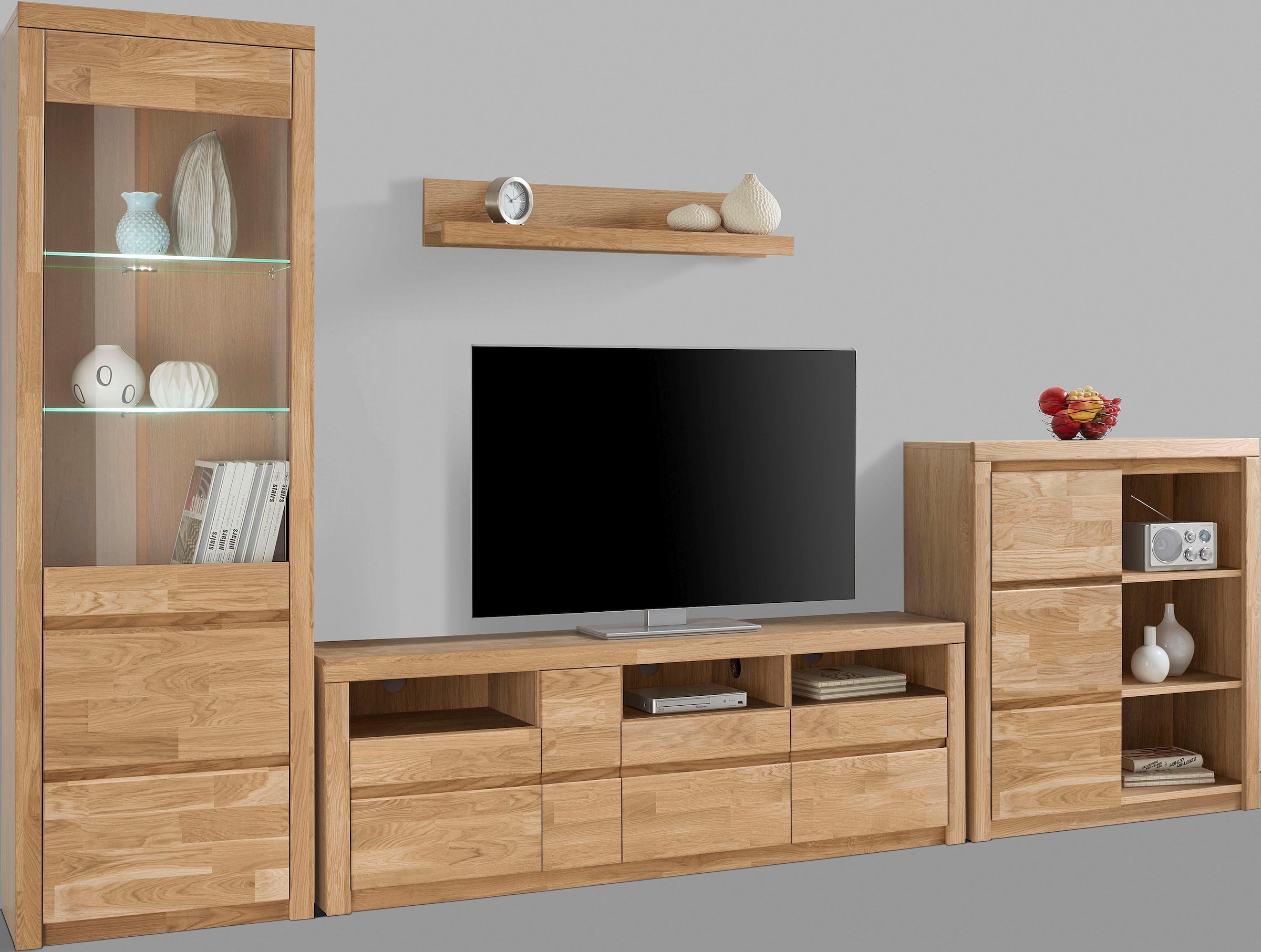 OTTO home Wohnwand "Silkeborg: 4-teilig, Breite: 310cm, Griffmulden, Fronten Massivholz" Set, 4 Stk. tlg.