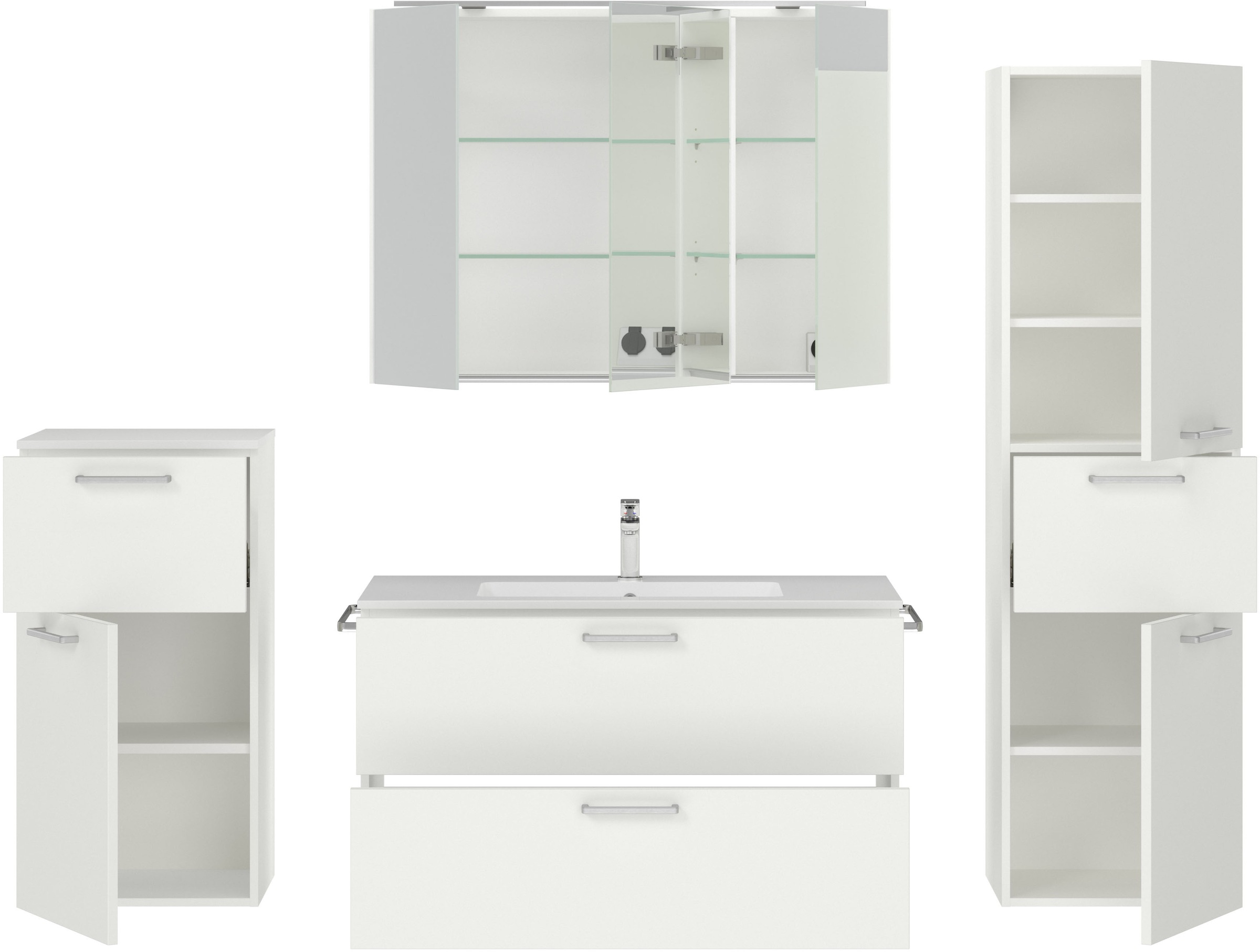 nobilia® Badmöbel-Set »Tolvina«, (4 St., vormontiert, mit Soft-Close), inkl. Spiegelschrank mit Beleuchtung und Dimmerfunktion, in 4 Breiten