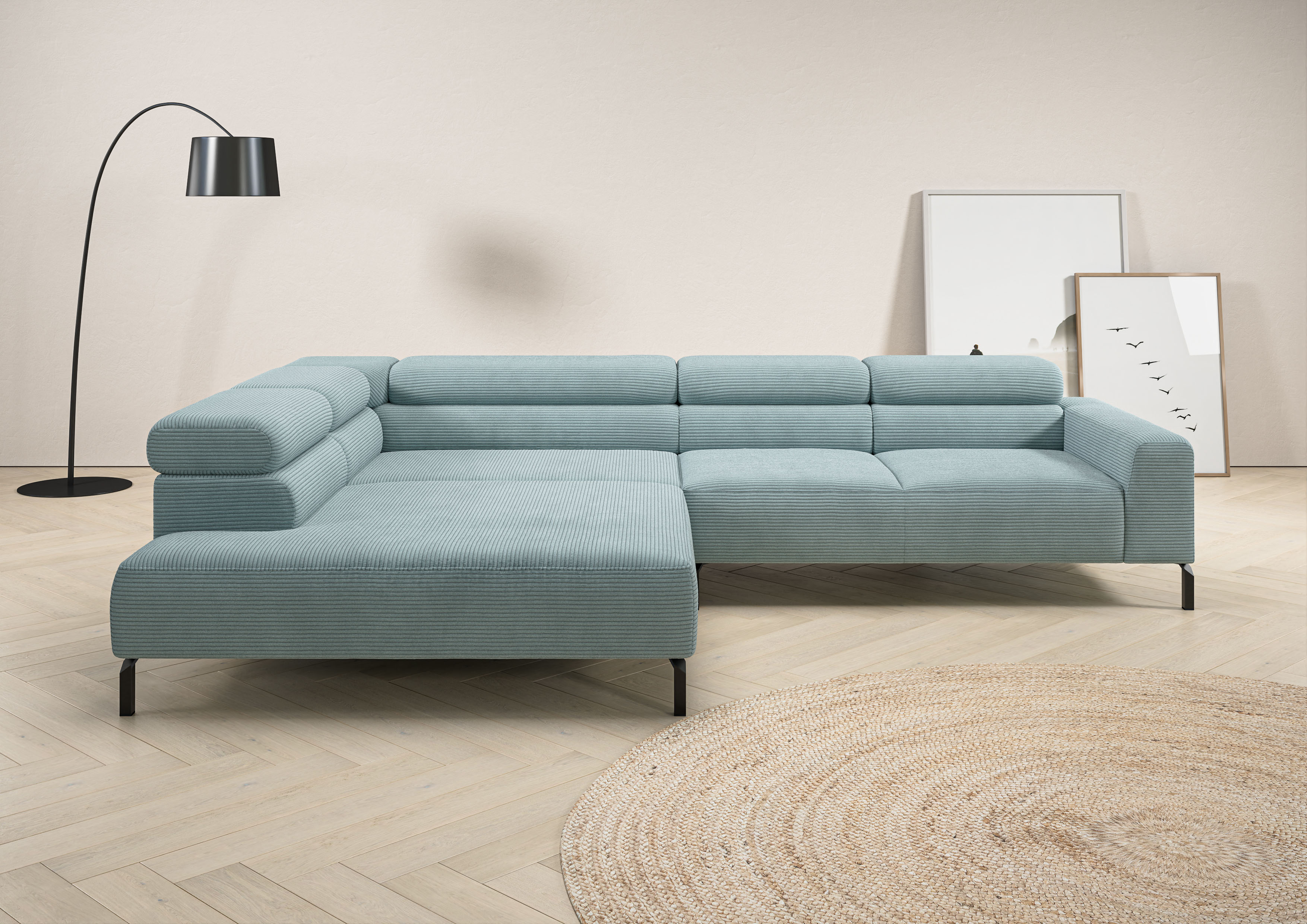Home affaire Ecksofa "Antonelli, L-Form, incl. Kopfteilverstellung, Breite 312 cm" ohne Sitztiefenverstellung, in Cord, bleu