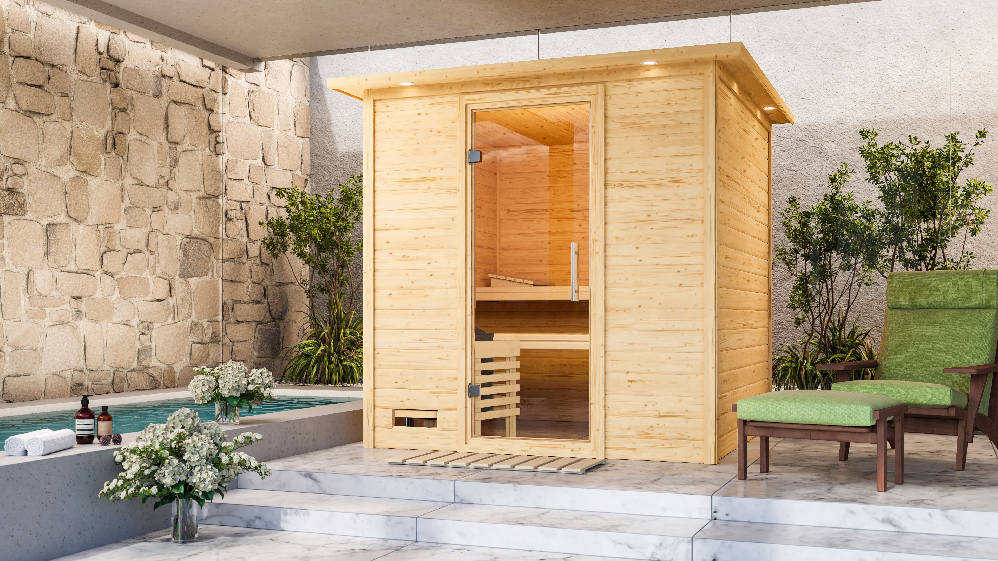 Karibu Sauna "Menja" Set, Ofen 9 kW Bio externe Strg easy
