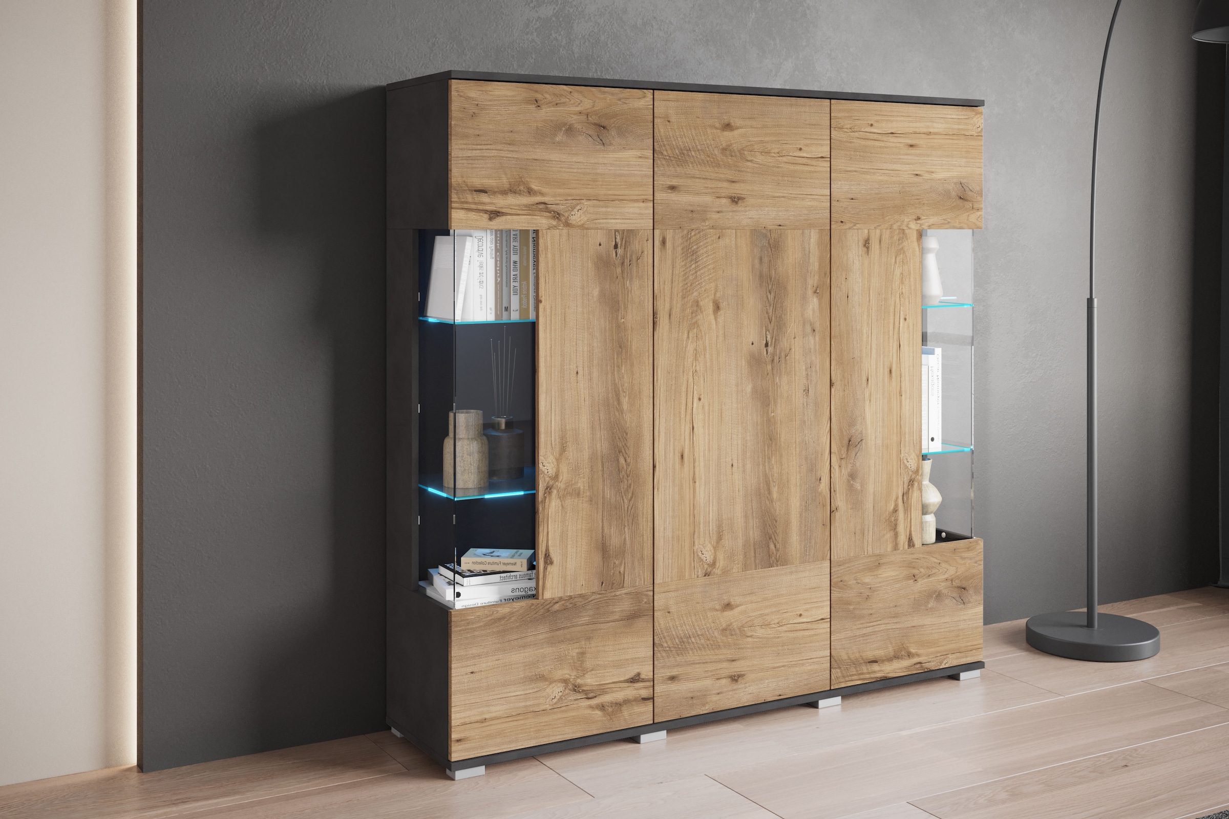 INOSIGN Highboard »Kenia«, (1 St.), Modernes Highboard, mit Glastüren, Breite 135 cm