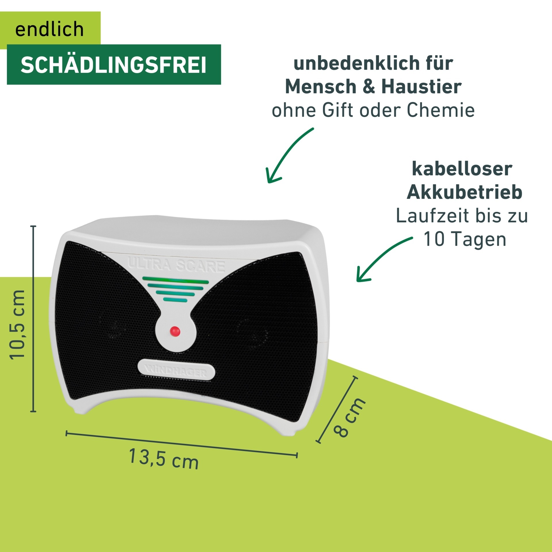Windhager Ultraschall-Tierabwehr »Maus- und Rattenabwehr Ultra Scare, akkubetrieben« Schädlingsbekämpfung, Laufzeit bis zu 10 Tagen, Mäuse vertreiben