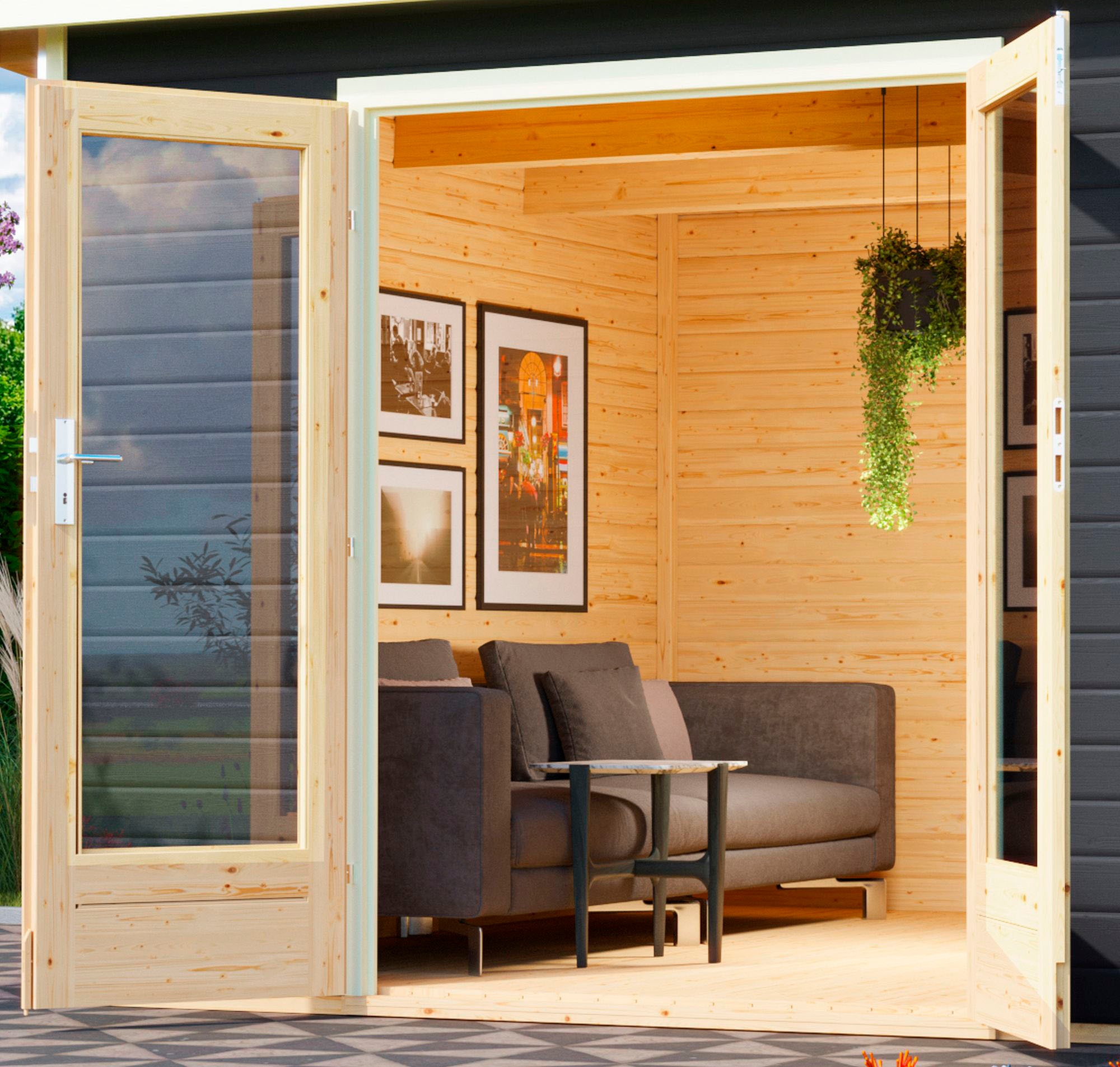 Karibu Gartenhaus »Rabensee 2«, (Set), mit Anbaudach 3,3 m, terragrau