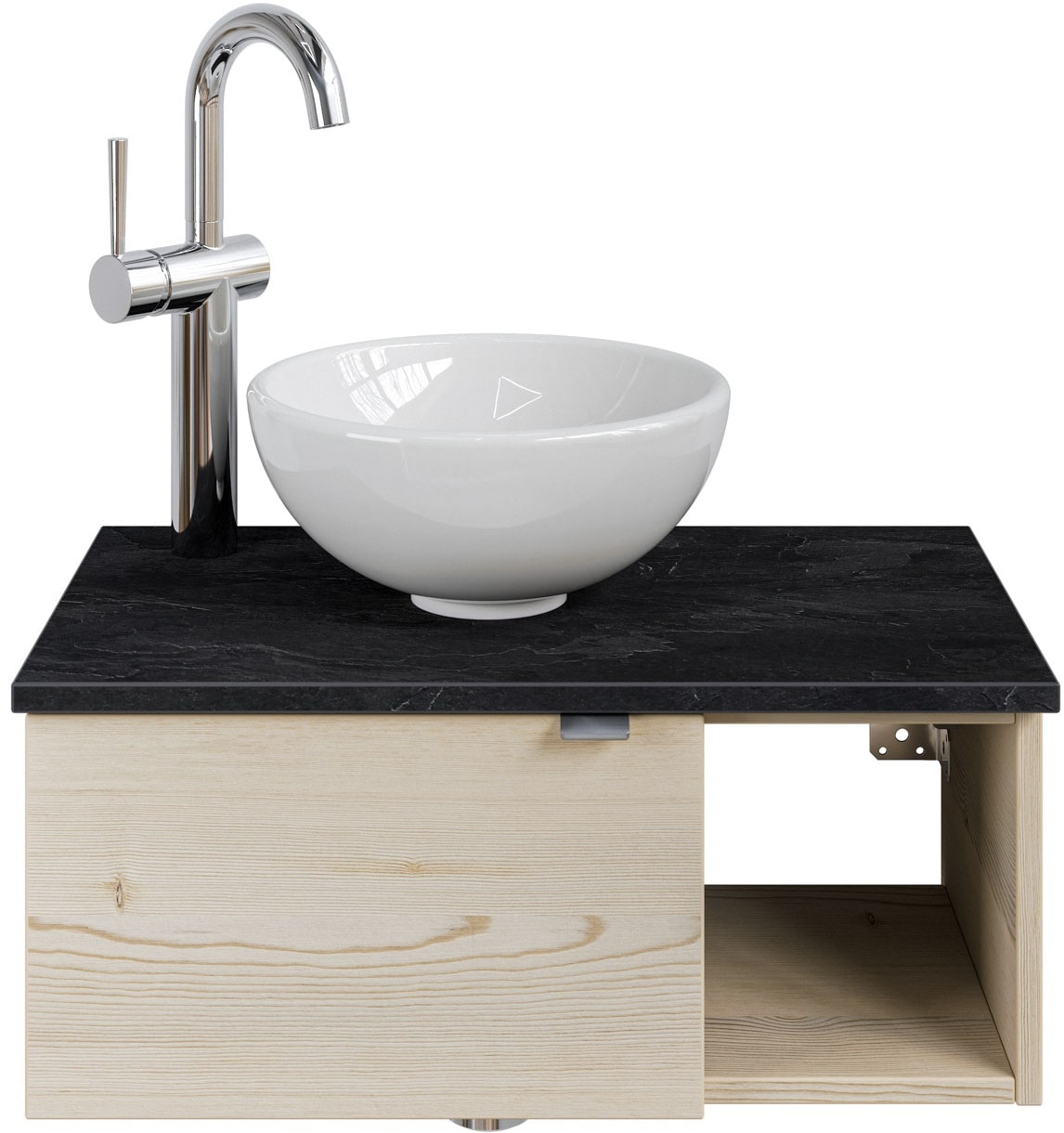 Saphir Waschtisch "Serie 6915 Waschschale mit Unterschrank für Gästebad, Gäste WC" Keramik-Aufsatzbecken, Waschtischplatte, Waschtischunterschrank, 3 Stk. tlg. 61 cm mit Keramik-Aufsatzbecken, 1 Tür und 1 Fach