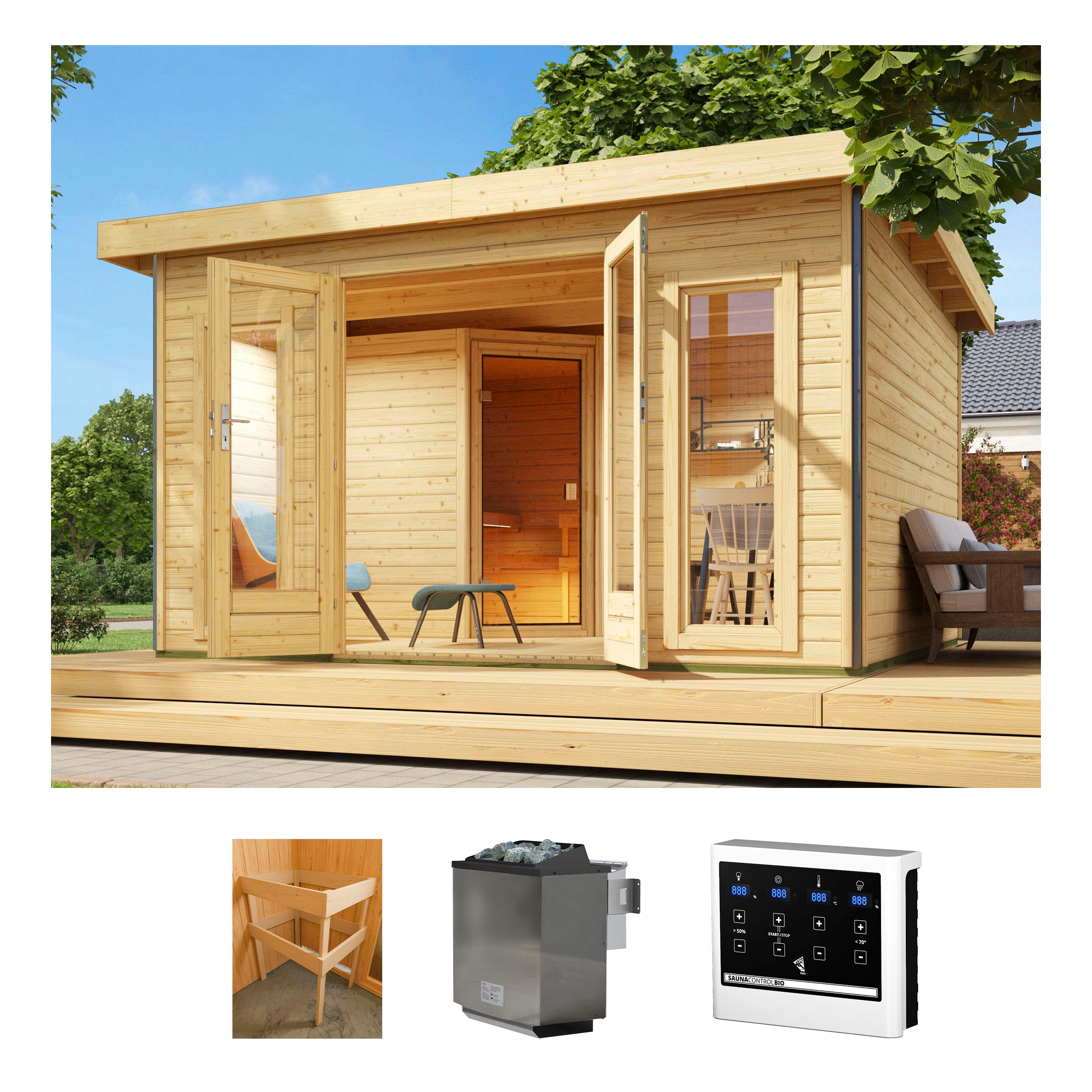 KONIFERA Saunahaus "Maiko 3 SET A" Ofen 9 kW Bio externe Strg easy