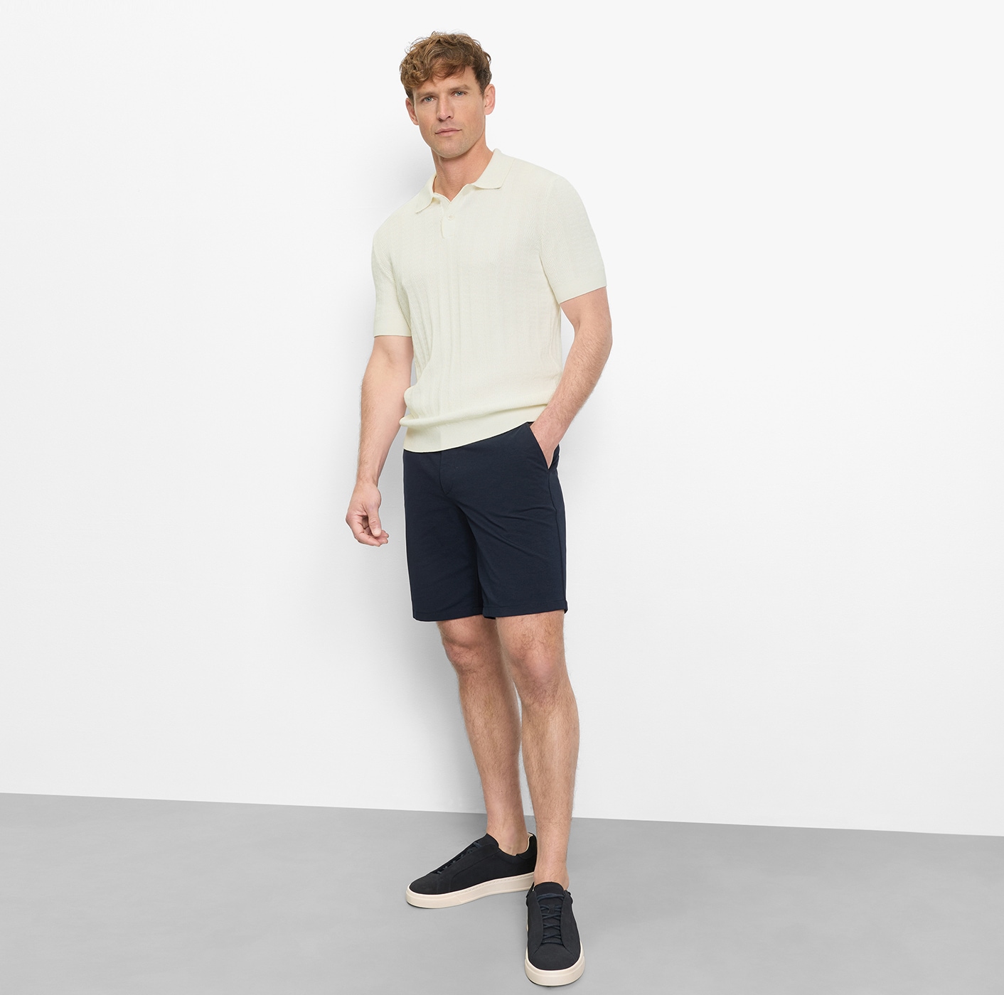 OLYMP Kurzarmshirt mit Flecht-Muster und Polokragen, Strick