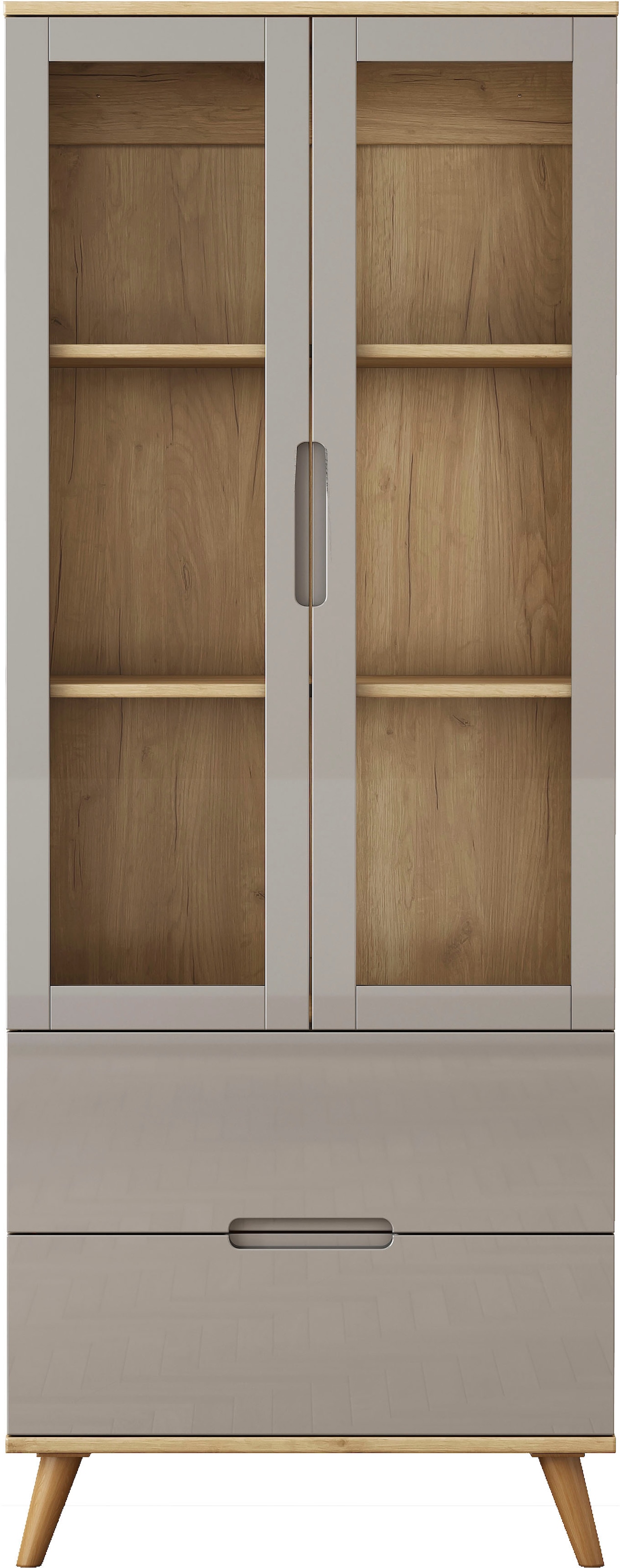 OTTO home Highboard »Lund« mit glänzenden Fronten, Glastüren, helles Holzdekor, Breite 70 cm