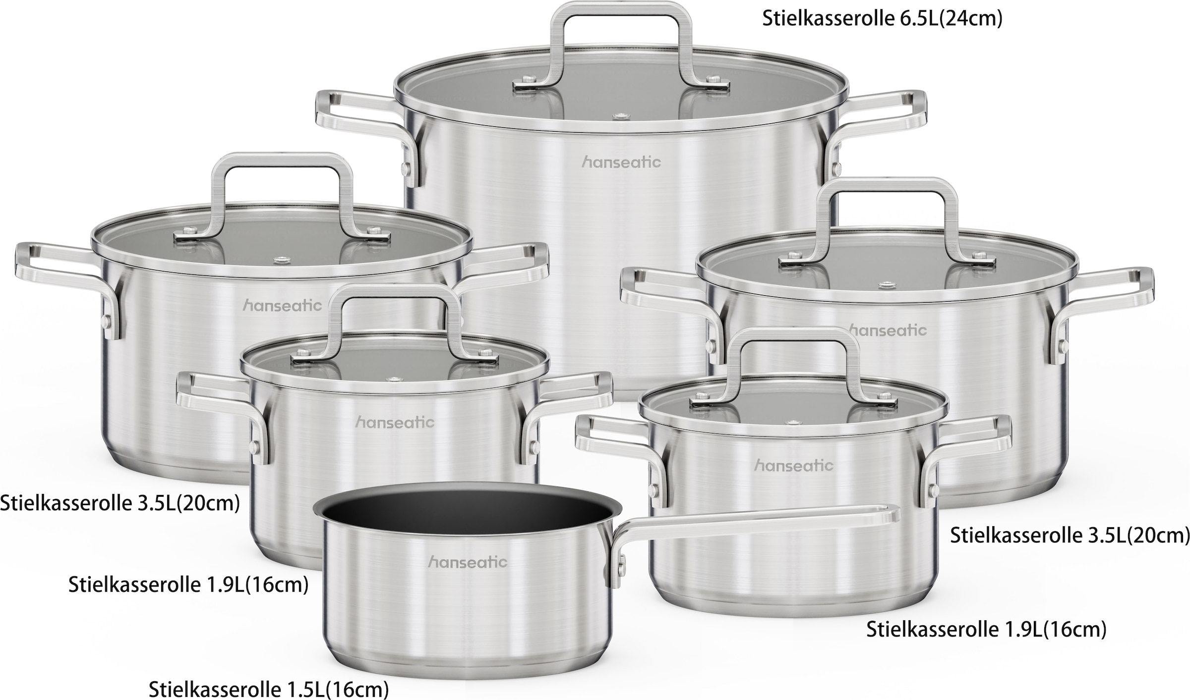 Hanseatic Topf-Set »DAILY« Set, Stielkasserolle 16 cm, Kochtopf 2x16/2x20/1x24 cm, 11 tlg. Edelstahl 18/10