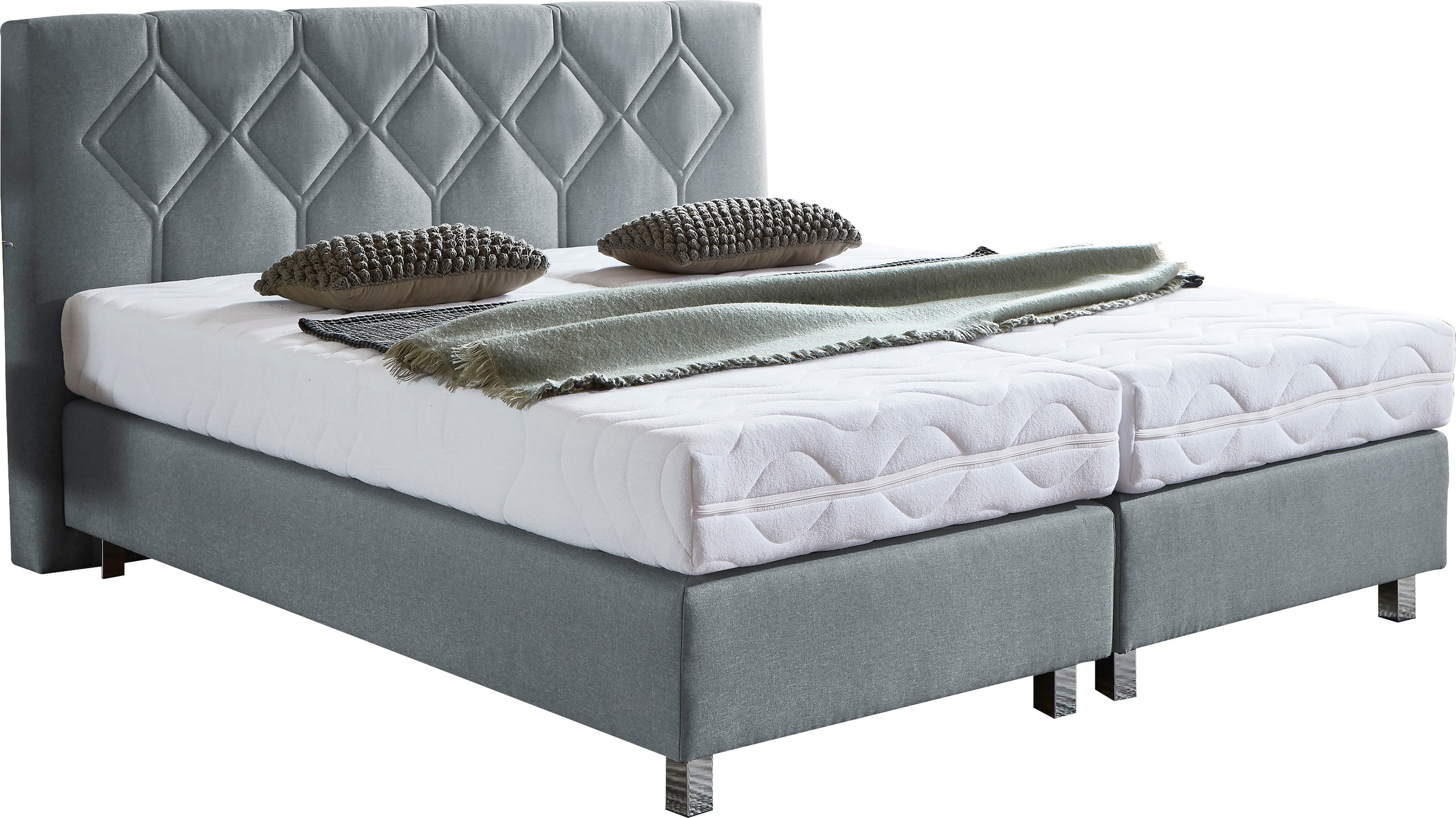 Boxspringbett "Phönix", grau, B:195cm L:210cm, Bezug Bett: Microvelours (100% Polyester) oder Feinstruktur (100% Polyester);Bezug Bonnell-Federkernmatratze: 100% Polyester;Bezug Kaltschaummatratze: 100% Polyester;Bezug Tonnentaschenfederkernmatratze: 80% 