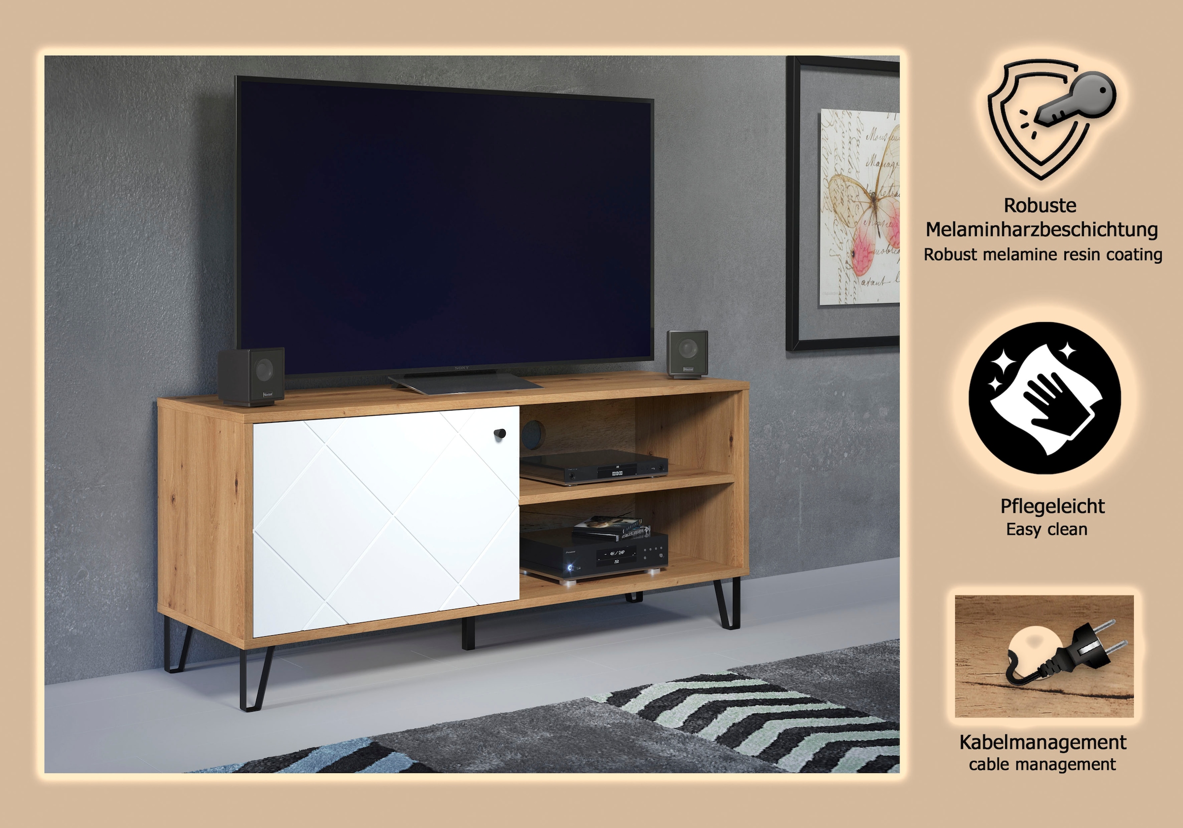 Places of Style Lowboard »Tarragona TV-Kommode«, TV-Unterteil mit 1 Tür & 2 Fächern - (B/T/H) 123/40/56 cm