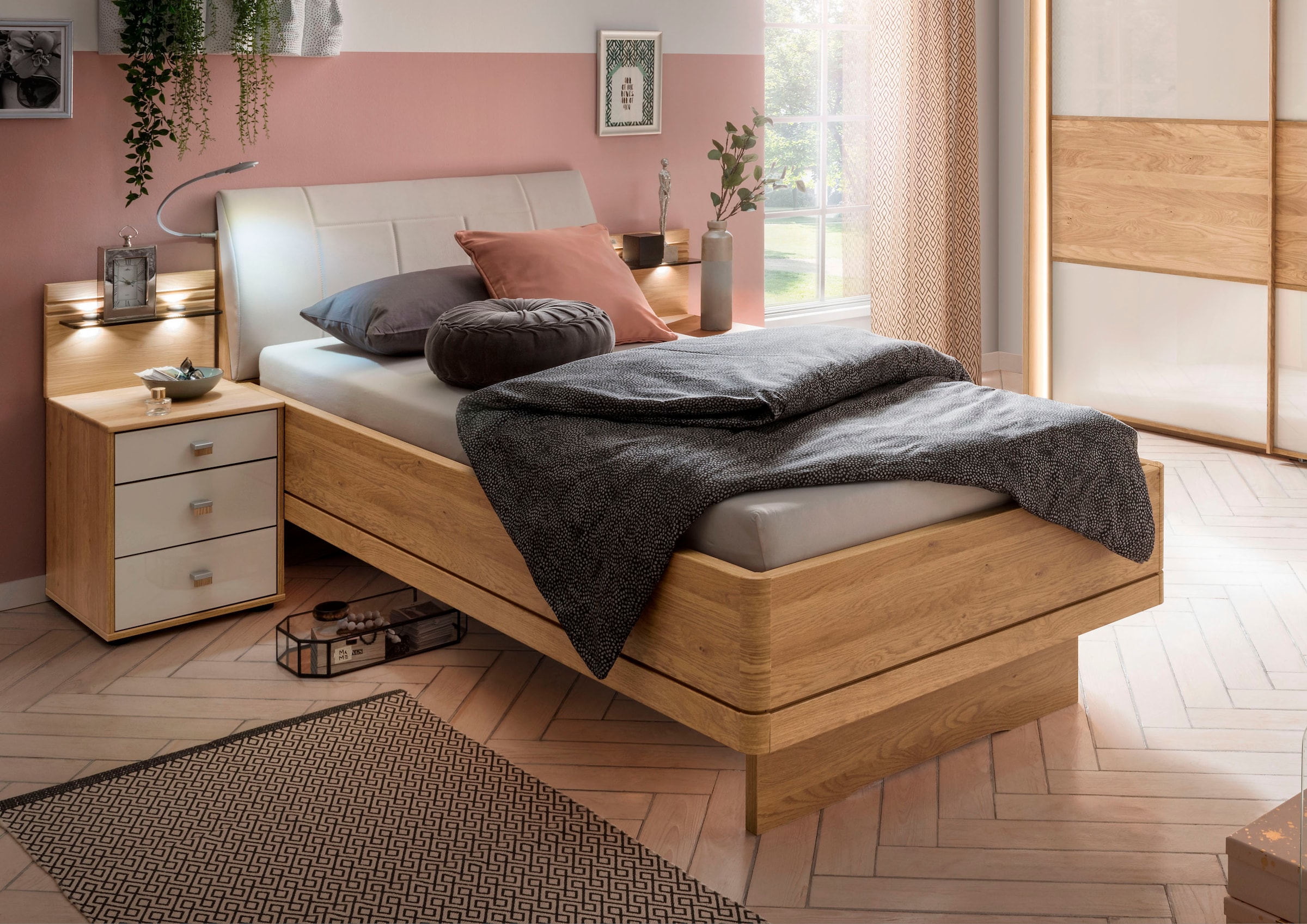 WIEMANN 1100000002199 "Kiruna, Bettgestell, Bettrahmen, Eiche Nachbildung, Polsterkopfteil" 4-fache Liegehöhenverstellung, MADE IN GERMANY, Polsterkopfteil aus Kunstleder, verschiedene Größen, in Komforthöhe