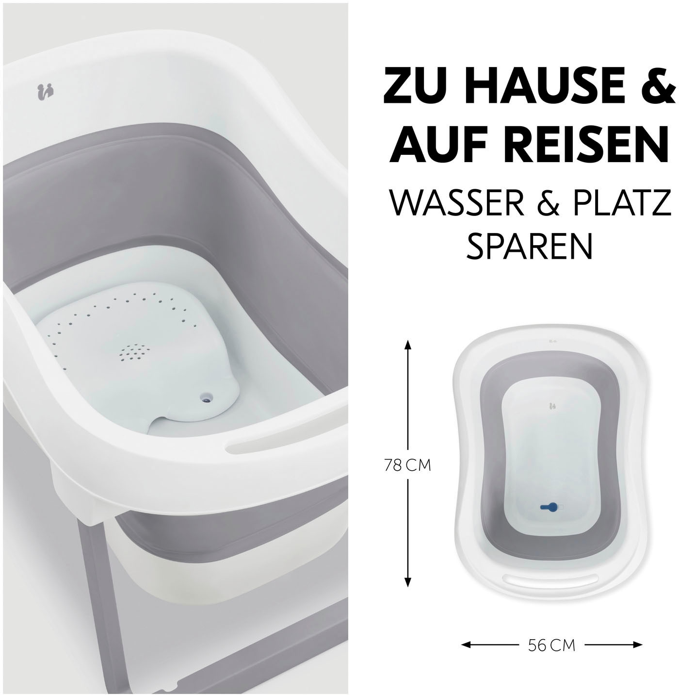 Hauck Babybadewanne »Wash N Fold L, White/Stone«, Faltbadewanne mit Wassertemperaturmessung am Ablaufstopfen