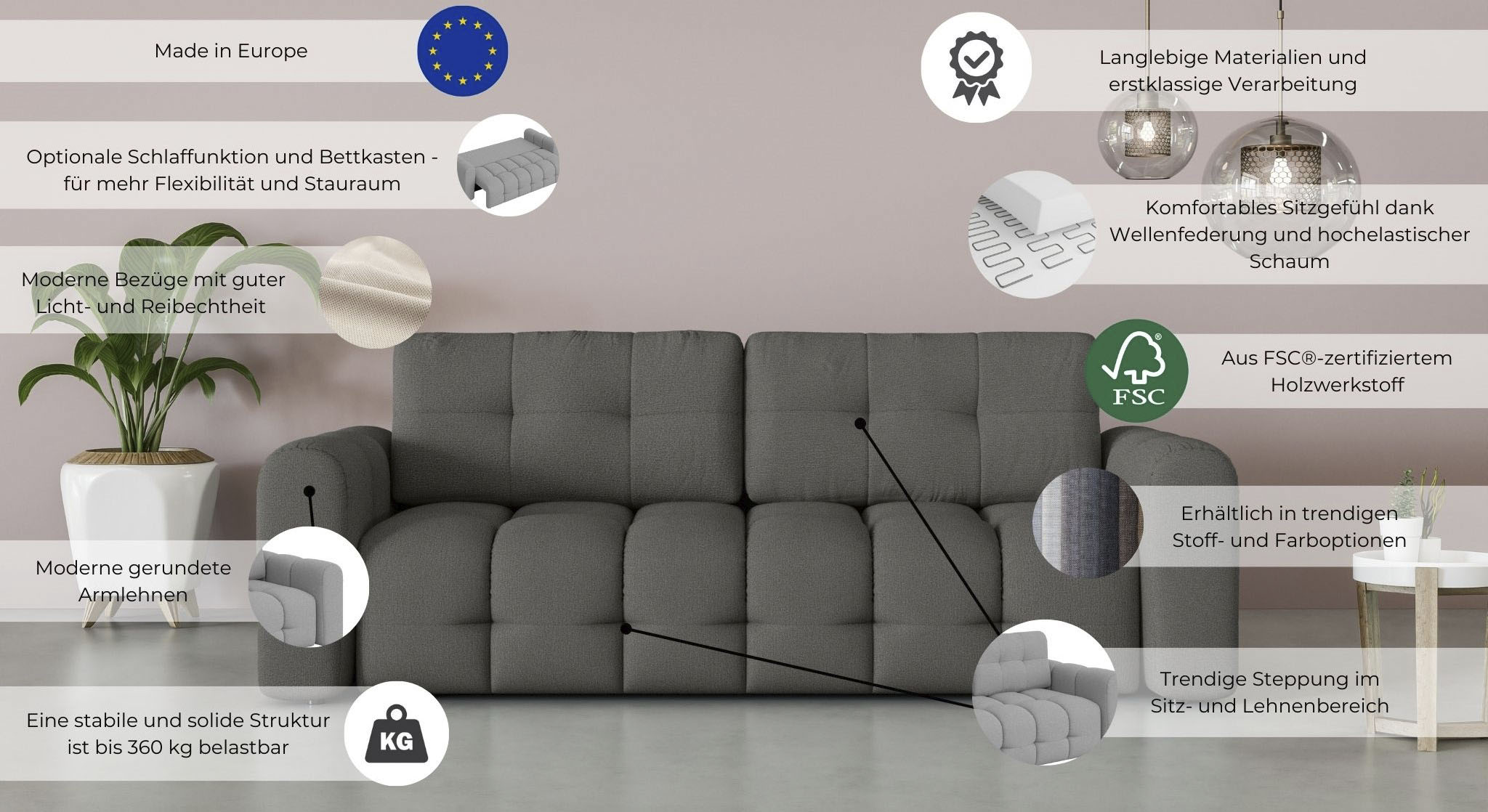 Thumbnail - OTTO home 3-Sitzer "Manilla, wahlweise mit Bettfunktion, B/T/H 265/117/91 cm" mit Wellenunterfederung, in verschiedenen ...