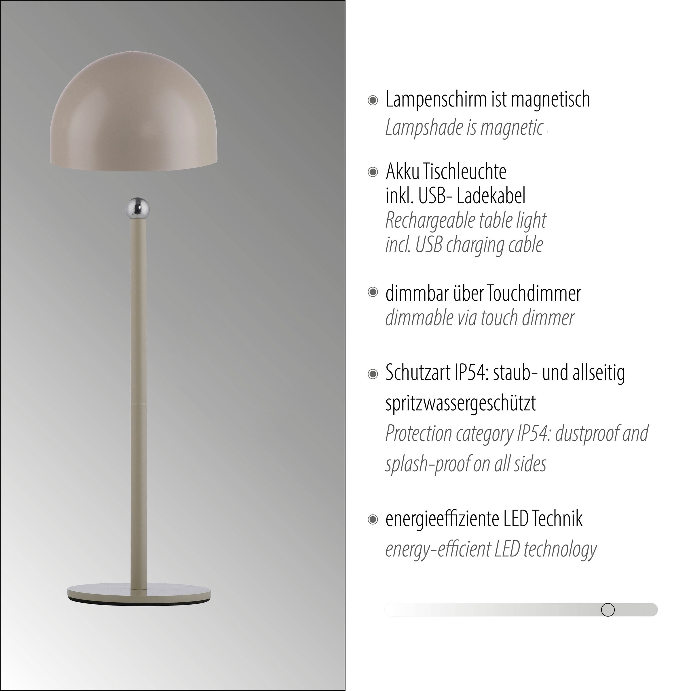 OTTO home Tischleuchte »Akku Tischlampe GERRIN Indoor Outdoor, magnetischer Flaschenaufsatz« LED-Board Warmweiß Pilzlampe Flaschenaufsatz, Regulierung der Lichtstärke, Pilz, Lampe