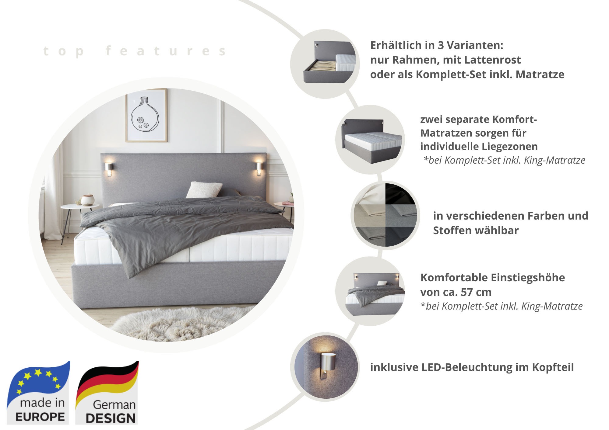 Thumbnail - COLLECTION AB Polsterbett "Alcudia inkl. LED-Leuchten, erhältlich in der Breite 180x200cm" 3 Varianten: Rahmen, inkl. La...