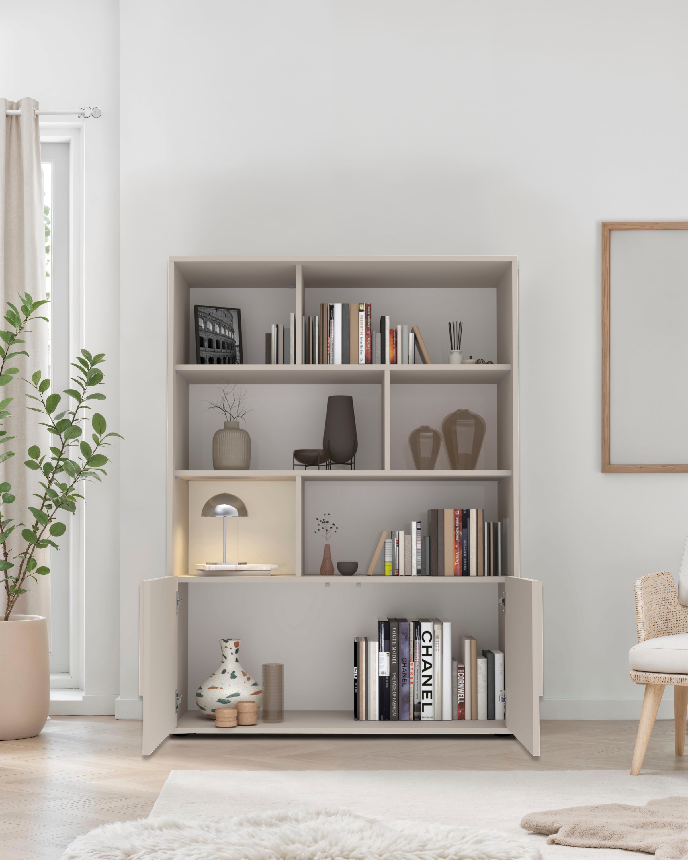 INOSIGN Highboard »Stone, H 155/141, B 105 cm, 2 Türen, 6 offene Fächer, Regal-Schrank« 3D-Design, Push-to-open, Stauraum dekorativ & praktisch, Füße wählbar