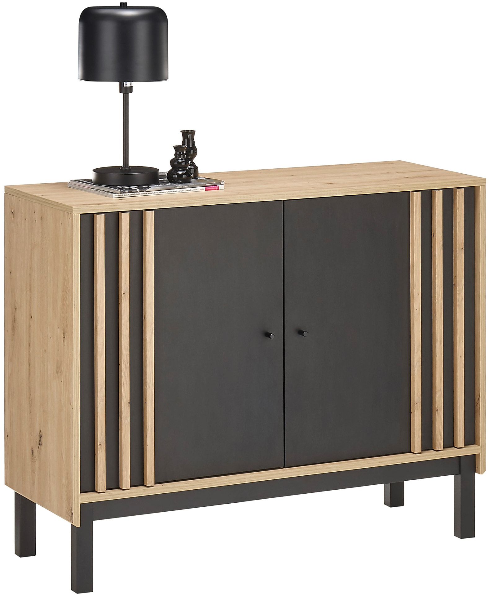 Sideboard »Volano«, (1 St.), schwarz, Schrank mit Absetzungen in Eiche Artisan Dekor