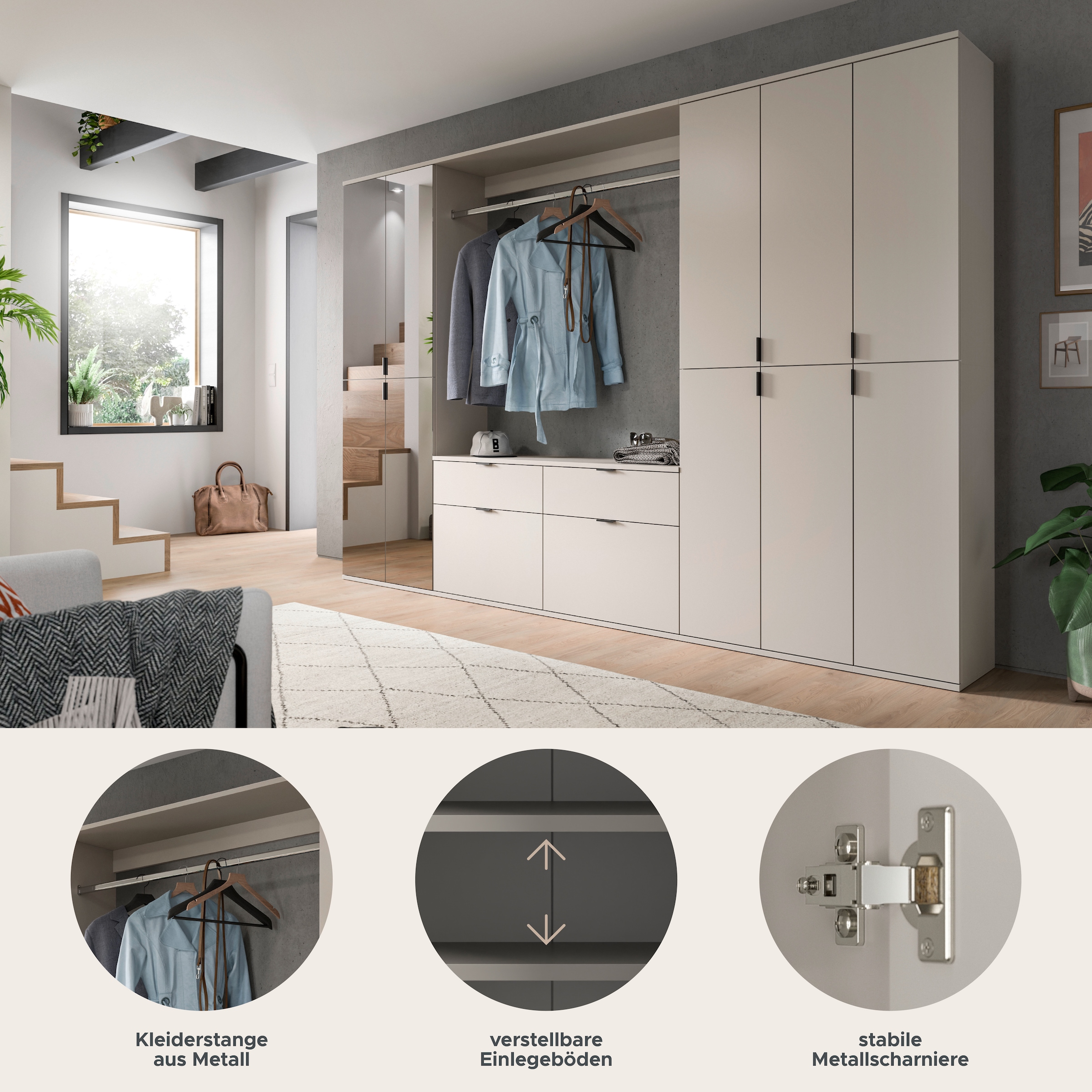Home affaire Garderoben-Set »TRONDHEIM, 6-teilig, Breite 273cm, individuell platzier- & erweiterbar« Set, bestehend aus: 3x Garderobenschrank & 3-tlgs. Zwischenbauelement, 5 Stk. tlg.