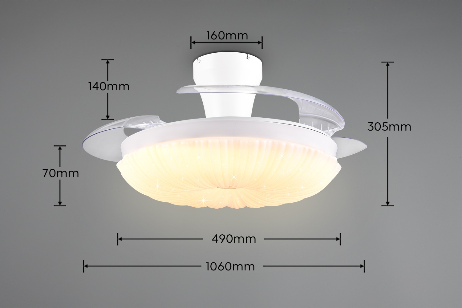 REALITY Leuchten LED Deckenleuchte »KIRUNA mit Ventilator, Deckenventilator mit ausklappbaren Flügeln 30W« LED-Board 1 Stk. Farbwechsler | warmweiß - kaltweiß Ø 49-106 cm (aufgeklappt), 6 Stufen, LED 32W CCT dimmbar Timer Fernb.