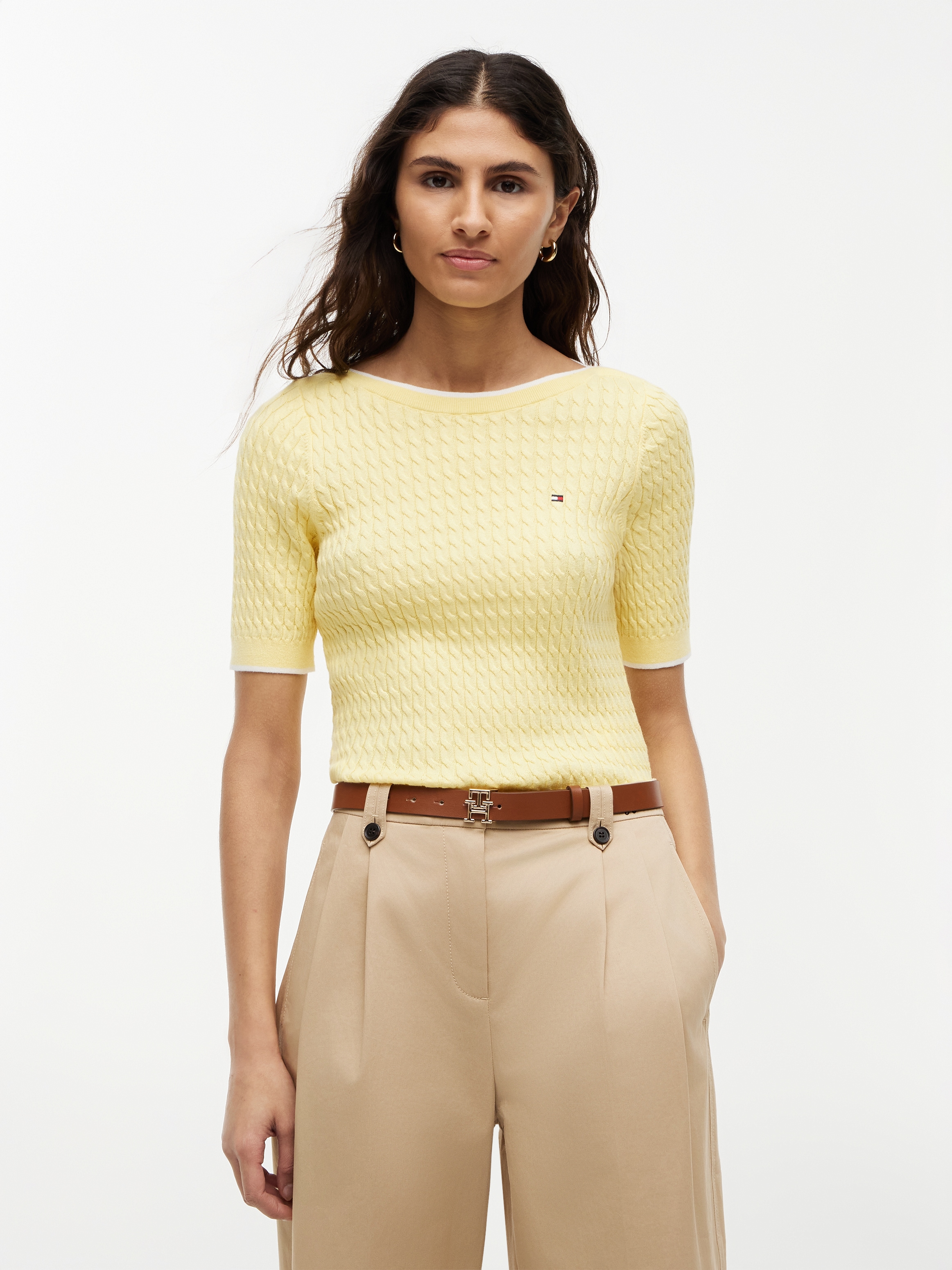 Tommy Hilfiger Kurzarmpullover »FINE GG CABLE BOAT NK S/S« Baumwolle, mit Zopfstrickmuster