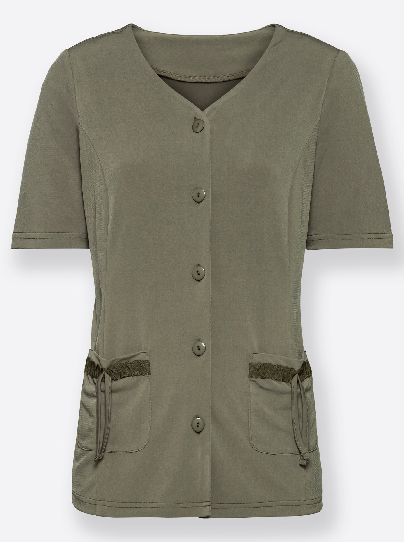 Shirtjacke LADY "Shirtjacke", Damen, Gr. 42, grün (khaki), 95% Polyester, 5% Elasthan, unifarben, V-Ausschnitt, Shirts Shirtjacke 3