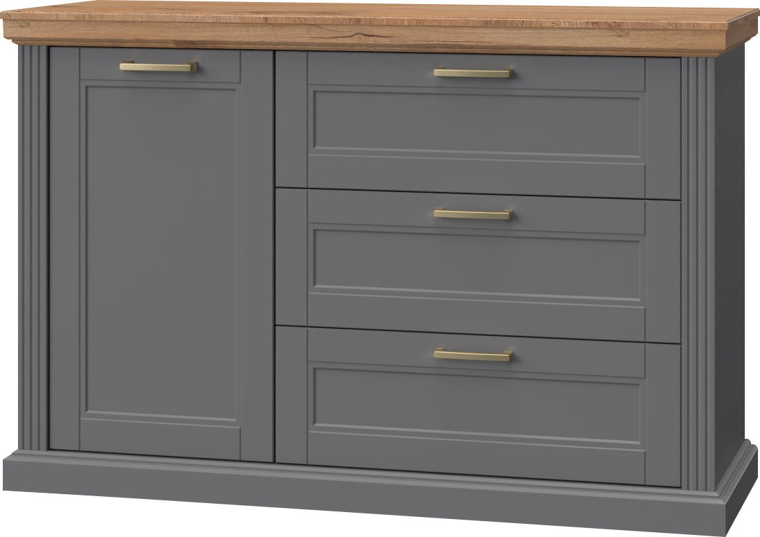 OTTO home Sideboard "Tara, Landhaus Kombikommode B/T/H: 138/48/91 cm, FSC-zertifiziert" Soft-Close-Funktion, goldfarbene Metallgriffe, Innendekor Holzoptik, lackiert mit wasserbasiertem UV-Lack, unempfindlich und kratzfest