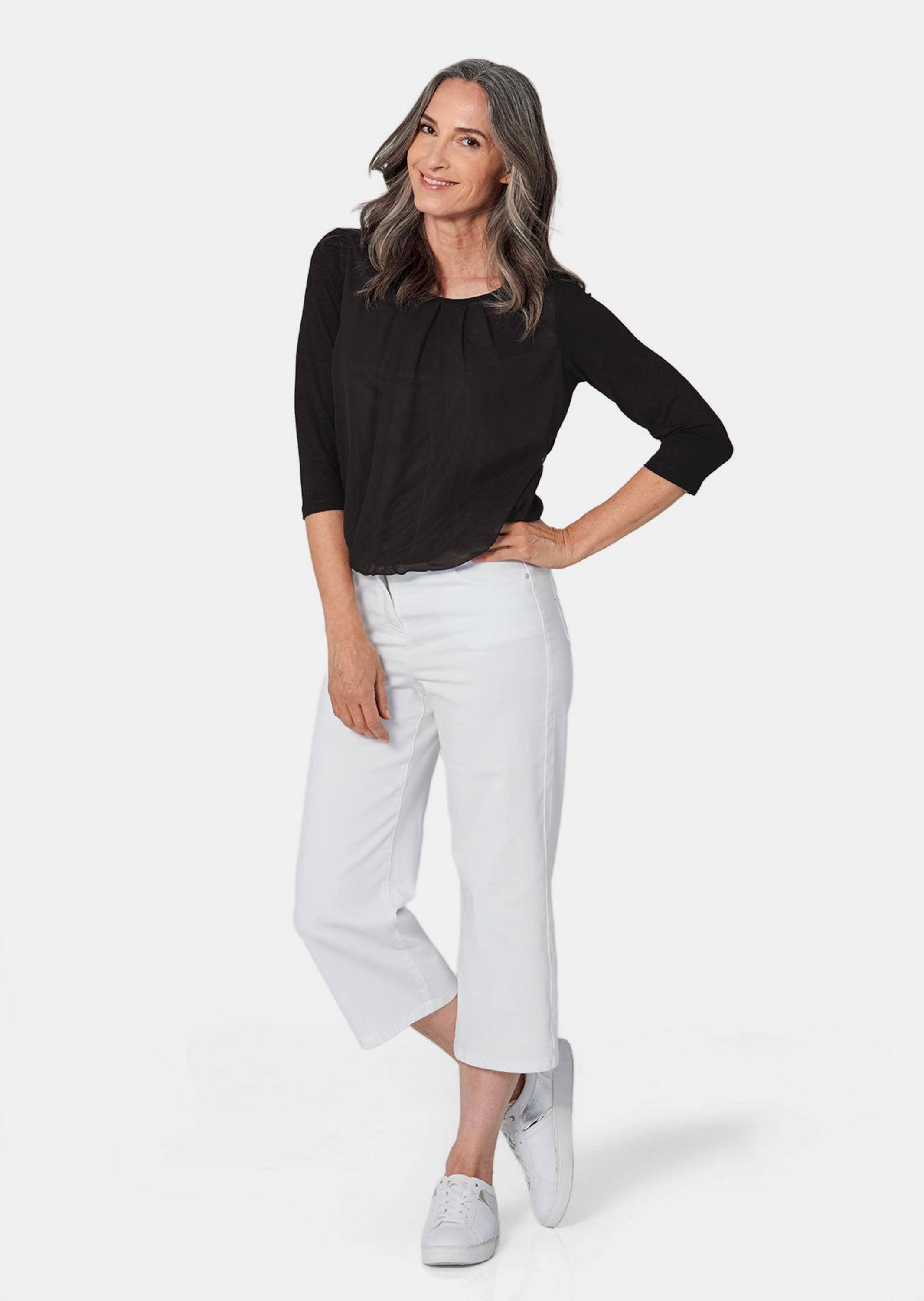 Kurzarmbluse GOLDNER "Chiffon-Shirt mit 3/4-Arm, Rundhals", Damen, Gr. 50, schwarz, Obermaterial: 95% Viskose CV. 5% Elasthan EL., Casual, Sonstiges, Blusen, keine/nicht relevant 3