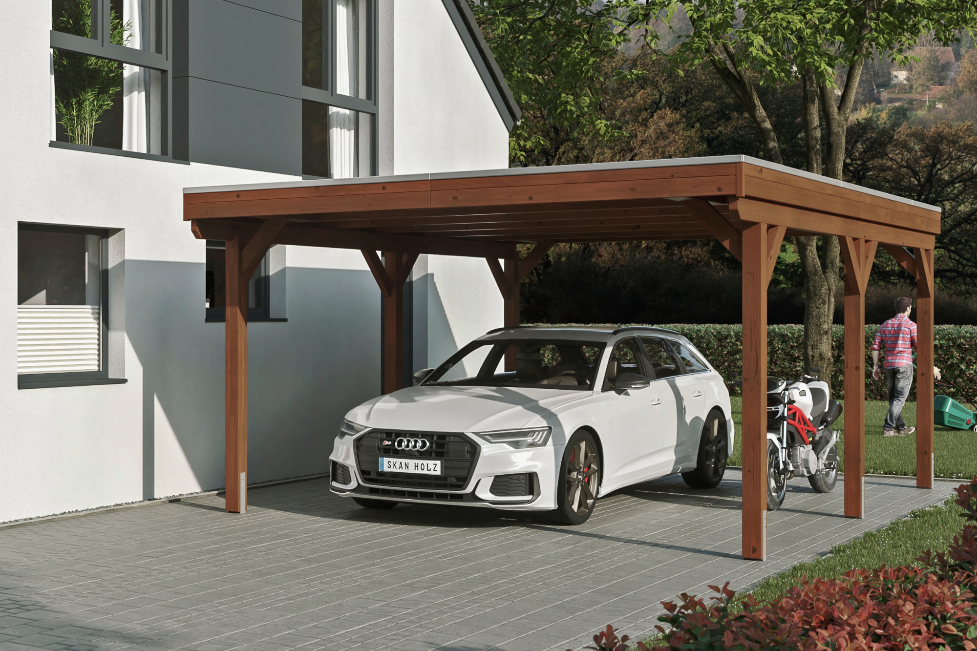 Skanholz Einzelcarport "Grunewald", Leimholz-Nordisches Fichtenholz, braun, mit Aluminiumdach