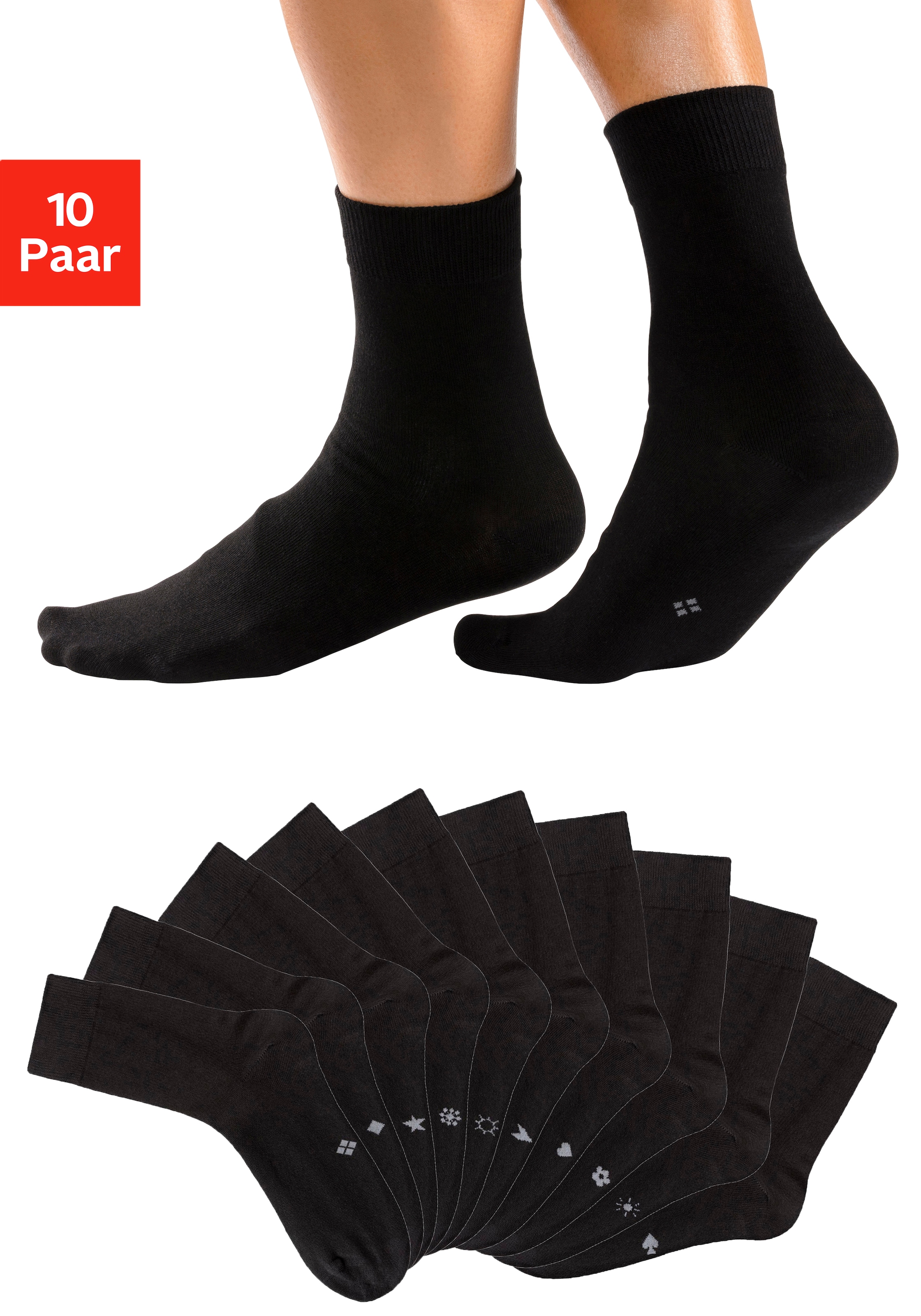 H.I.S Basicsocken "Damen Herren Business Socken, Anzugsocken ohne Gummibund" Packung, 10 Paar tlg. mit eingestrickten Symbolen