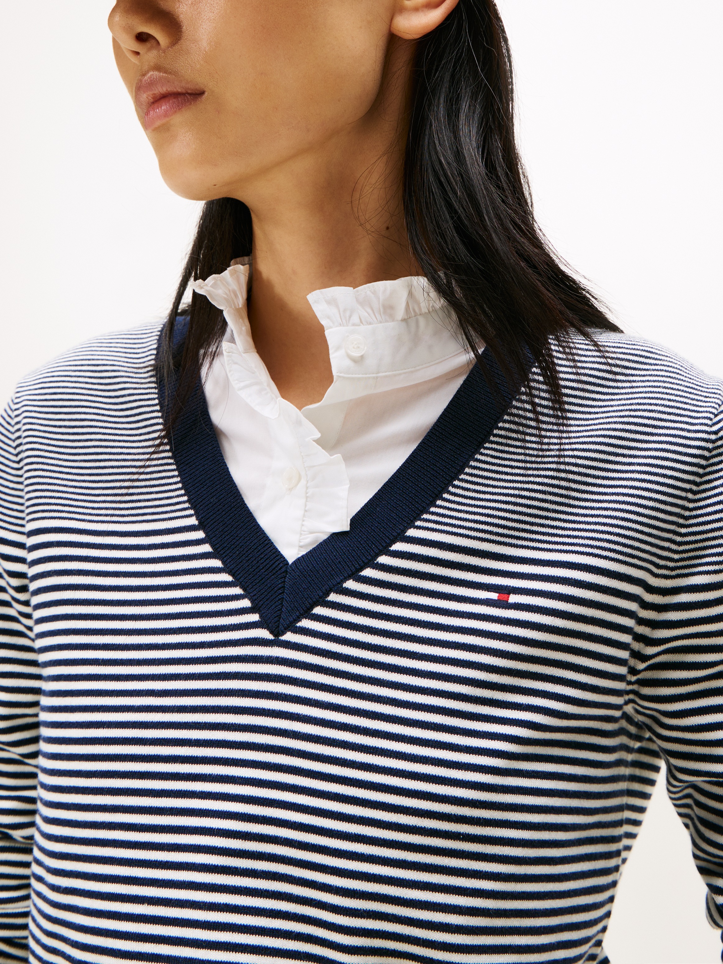 Tommy Hilfiger V-Ausschnitt-Pullover »CO JERSEY STITCH V-NK SWEATER mit V-Ausschnitt und Ripp«, unifarben, casual, regular fit, Baumwollmix, V-Ausschnitt