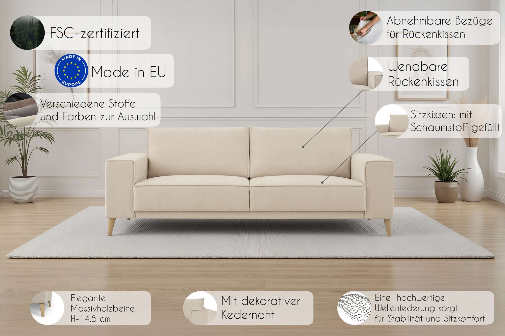 Thumbnail - OTTO home 3-Sitzer "Oland Skandi, weicher Chenille-Stoff" 224 cm, Wellenunterfederung, Skandi-Design, Massivholzfüße