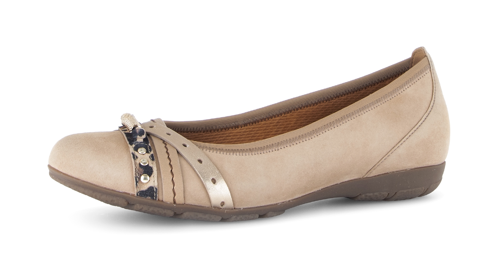 Ballerina GABOR, Damen, Gr. 42, sand kombiniert, Ziegenveloursleder, Schuhe Ballerina, Businessschuh, Schlupfschuh mit Zierelementen in Metallicoptik