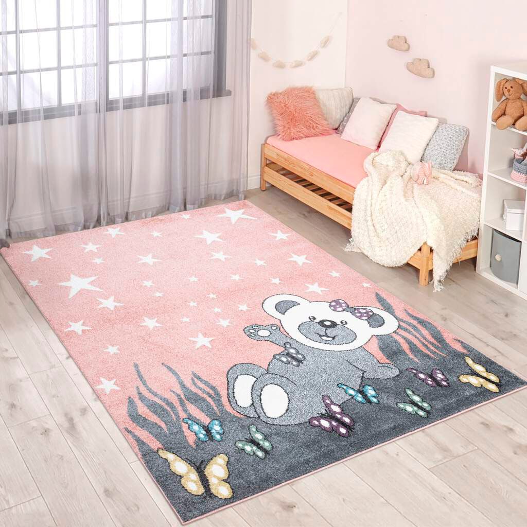 Carpet City Kinderteppich "ANIME916", rechteckig, 11 mm Höhe, Kinderzimmer Teppich Modern mit Mond, Blumen, Wolken, Crem