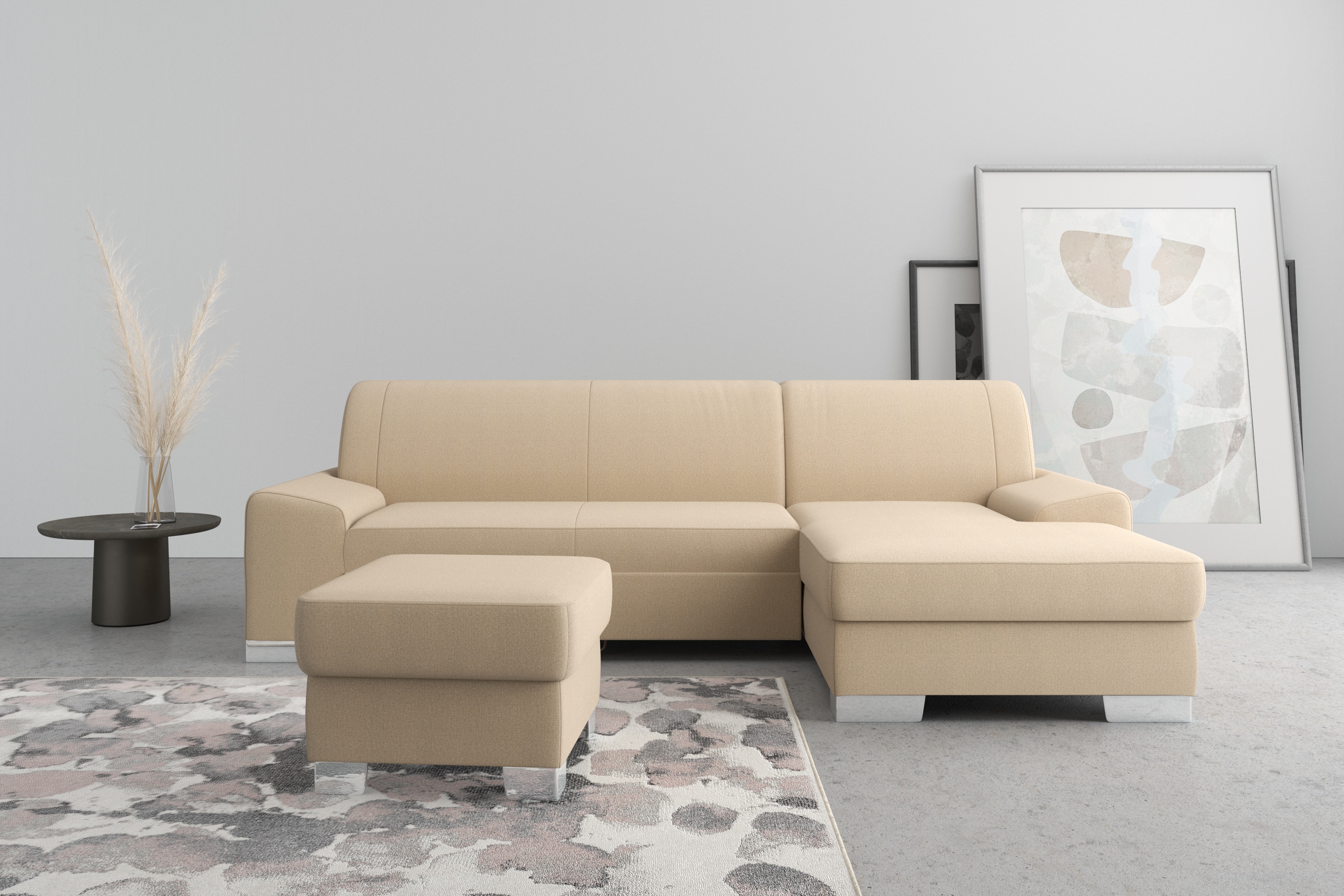 DOMO collection Ecksofa "Anzio L-Form, whlw. Bettfunktion, Federkern, hochwertig, Breite 271 cm" Ohne Bettfunktion, Recamiere rechts, Chenille-Struktur, cappucino