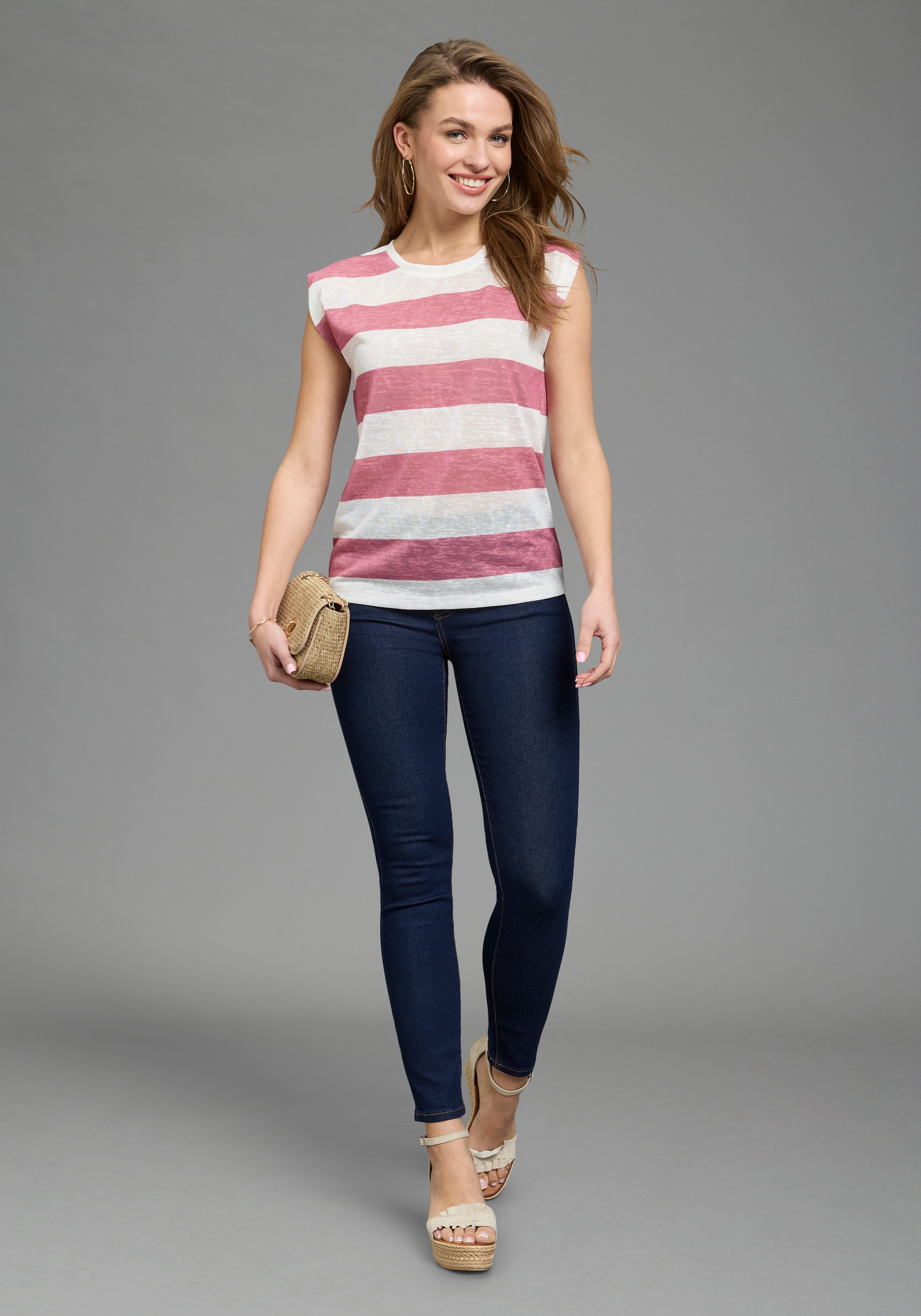 Laura Scott T-Shirt in strukturierter Leinen-Optik, gestreiftes Design