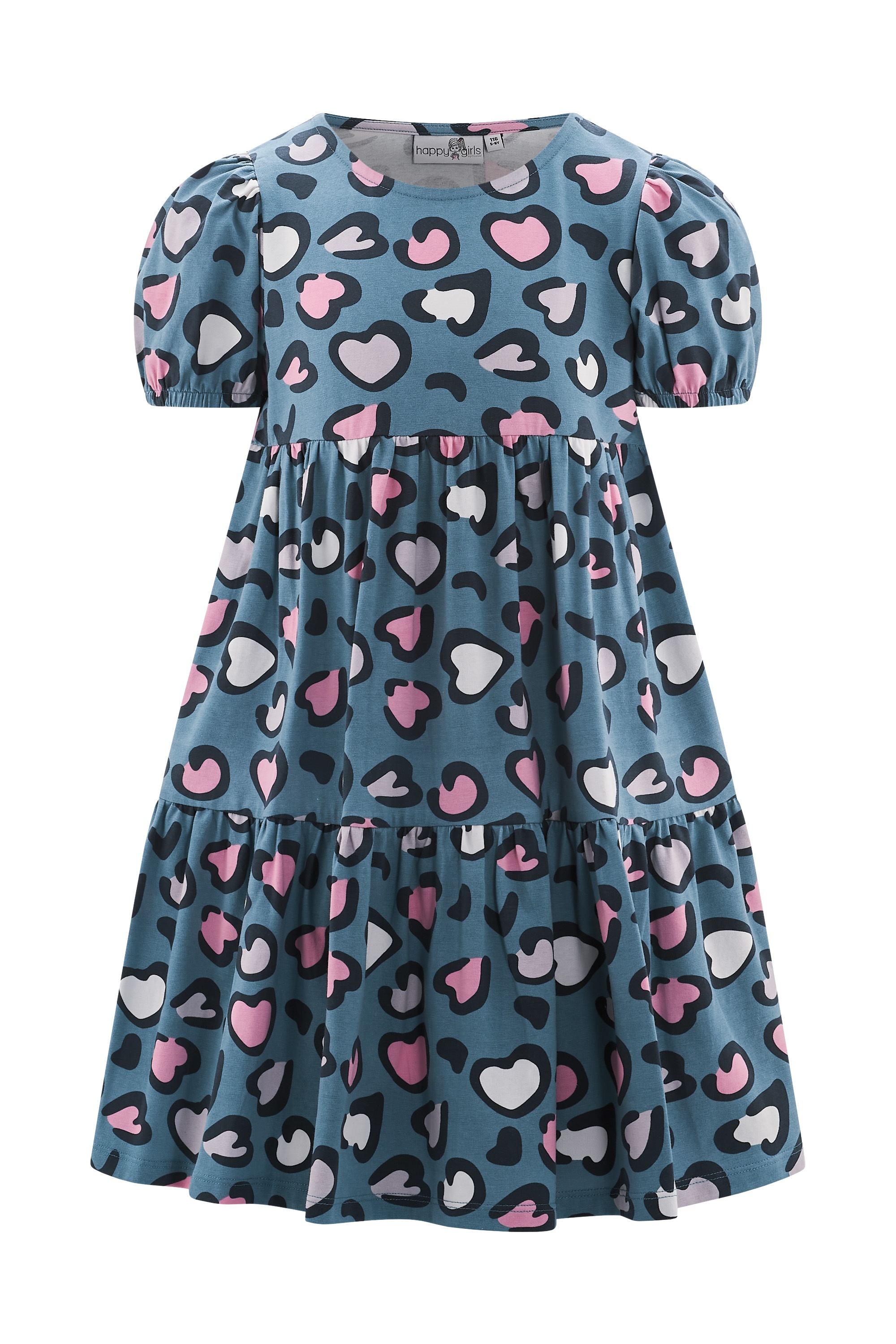 Jerseykleid HAPPY GIRLS, Mädchen, Gr. 134, N-Gr, dove blau, Jersey, Obermaterial: 95% Baumwolle, 5% Elasthan, bedruckt, Basic knieumspielend, Rundhals, Puffärmel mit Gummizug, Kleider Jerseykleid