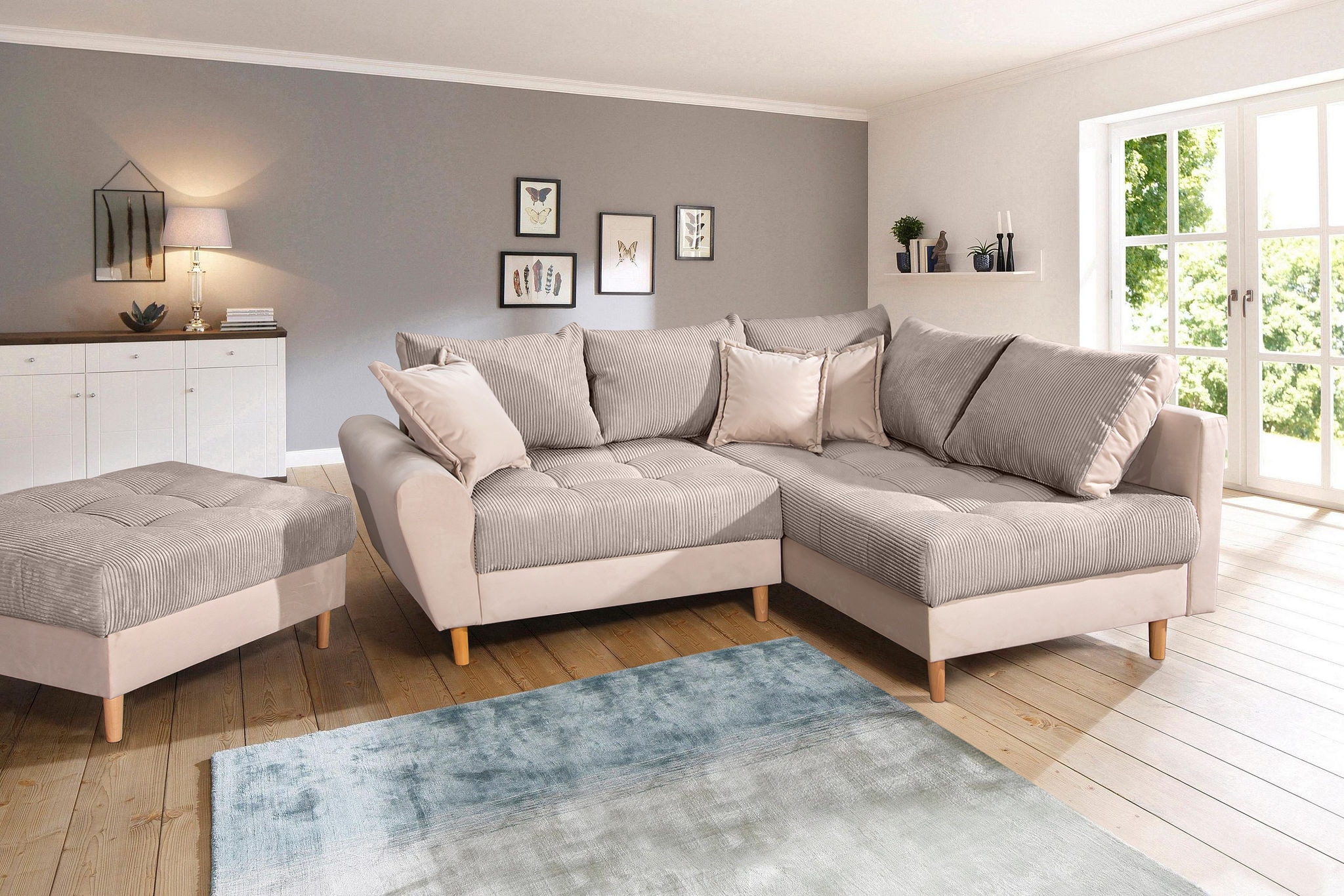 Home affaire Ecksofa "Rice L-Form, B: 223 cm - OTTO. Verlässliche Qualität." Set: Sofa & Hocker, 3 Zierkissen, Federkern