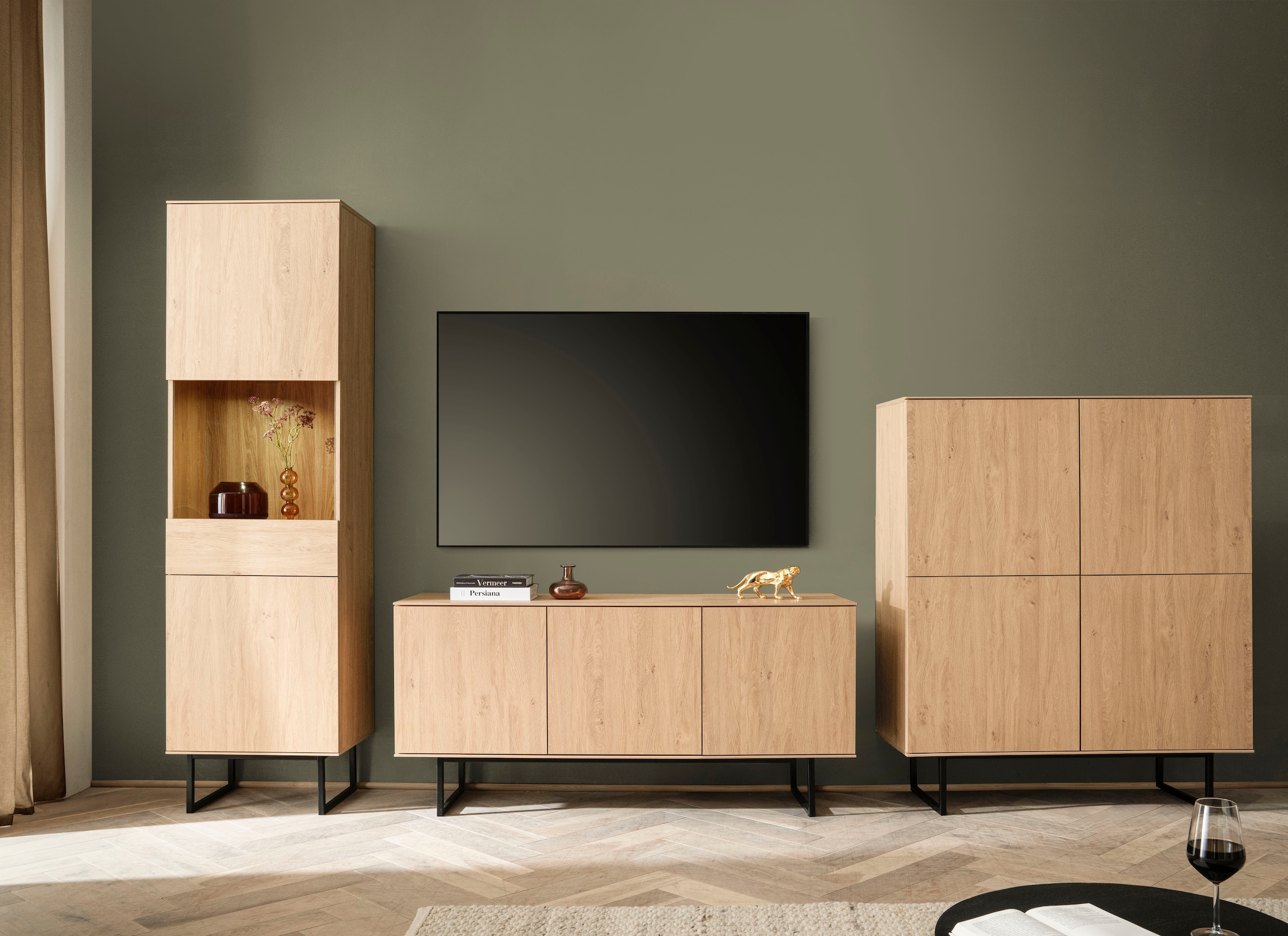 Home affaire Wohnwand "Lund, moderne Anbauwand, Wohnzimmer-Set in Stone Oak günstig online kaufen