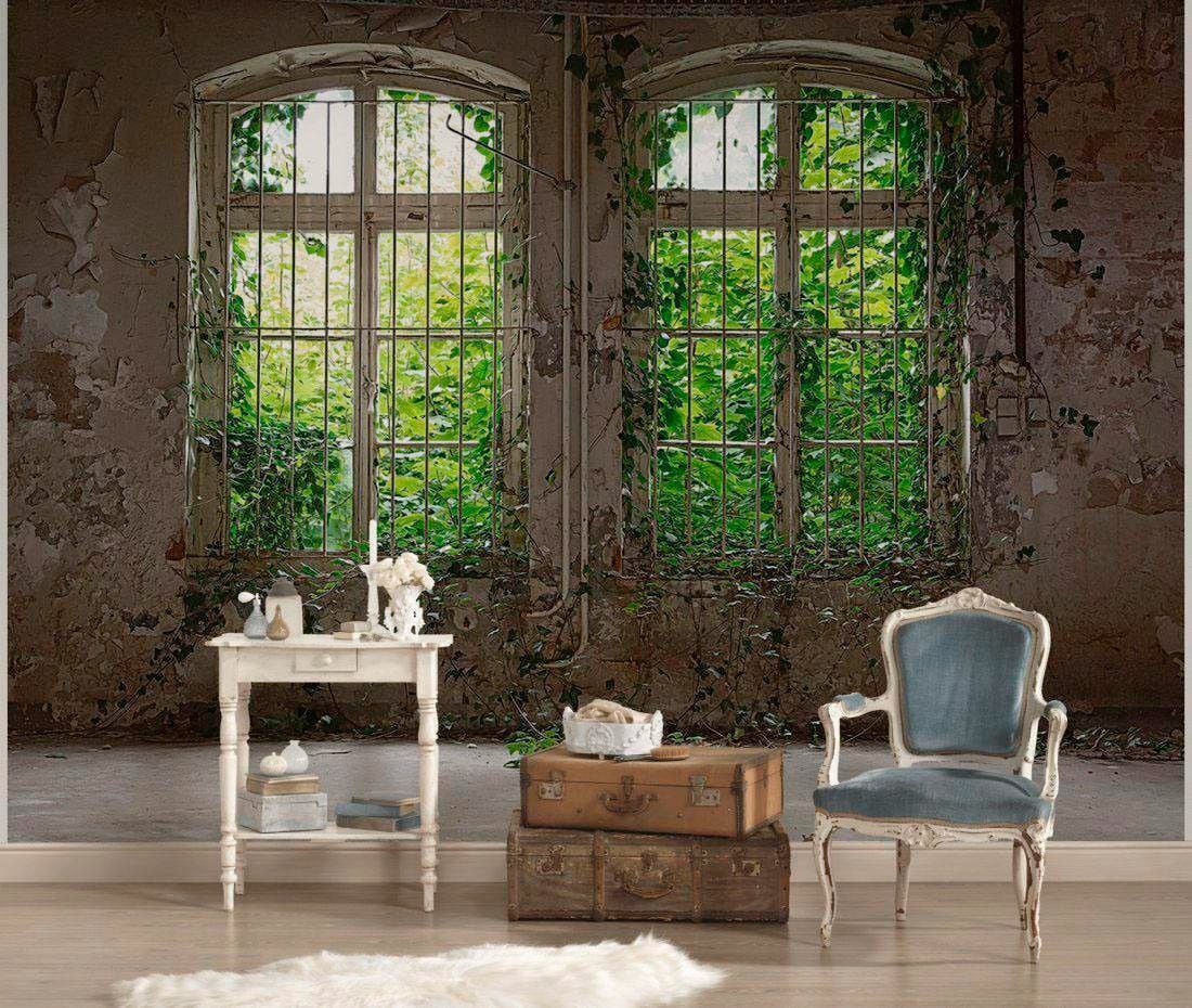 Fototapete »Old Windows Vlies«, Fototapete Fenster mit Pflanzen Beige Grau Grün 3,50 m...
