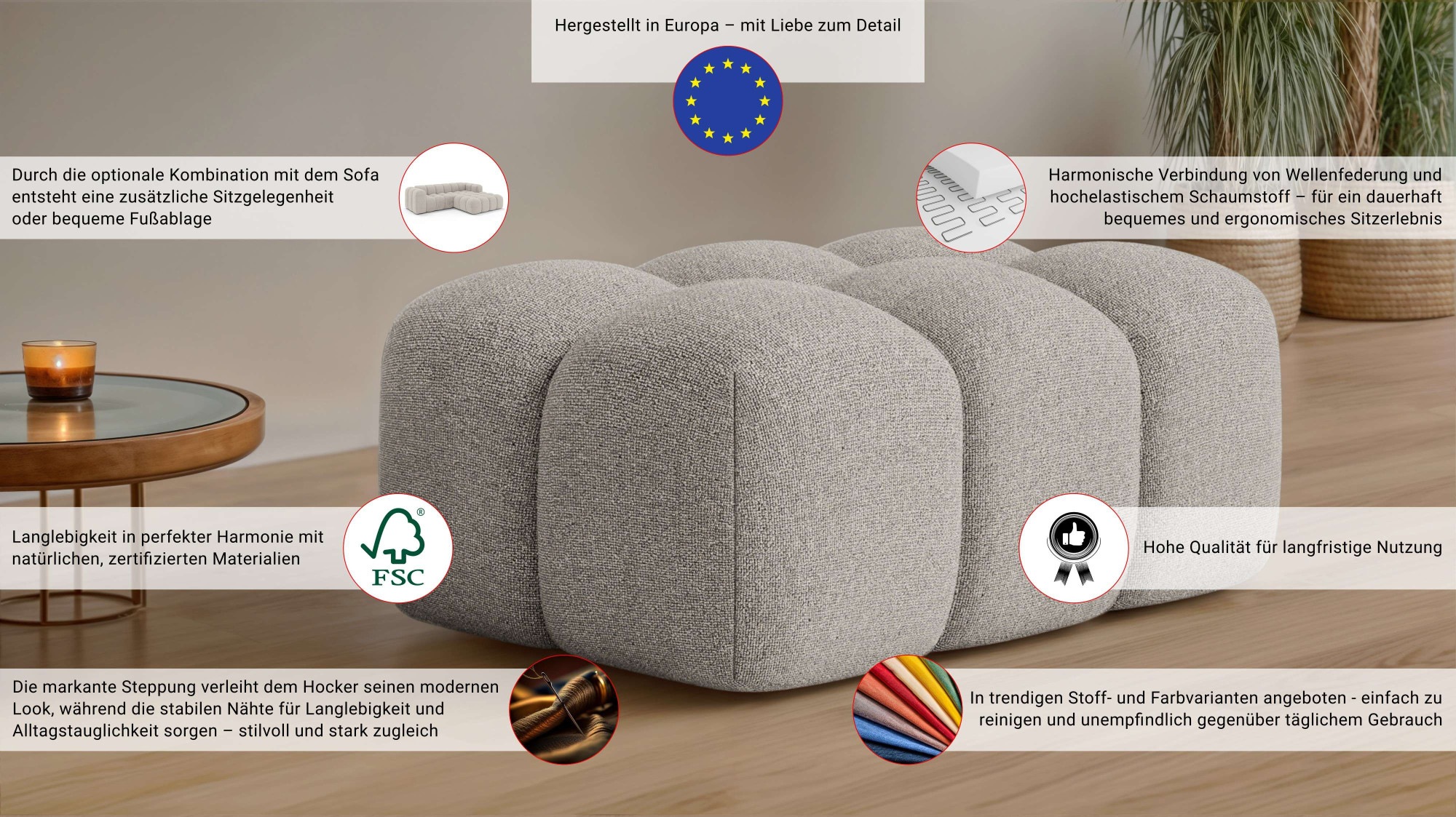 Thumbnail - OTTO home Polsterhocker "KALLIE Sitzhocker, Bubble-Optik, Maße B/T/H: 90/60/44 cm" moderne Steppung, hoher Sitzkomfort u...