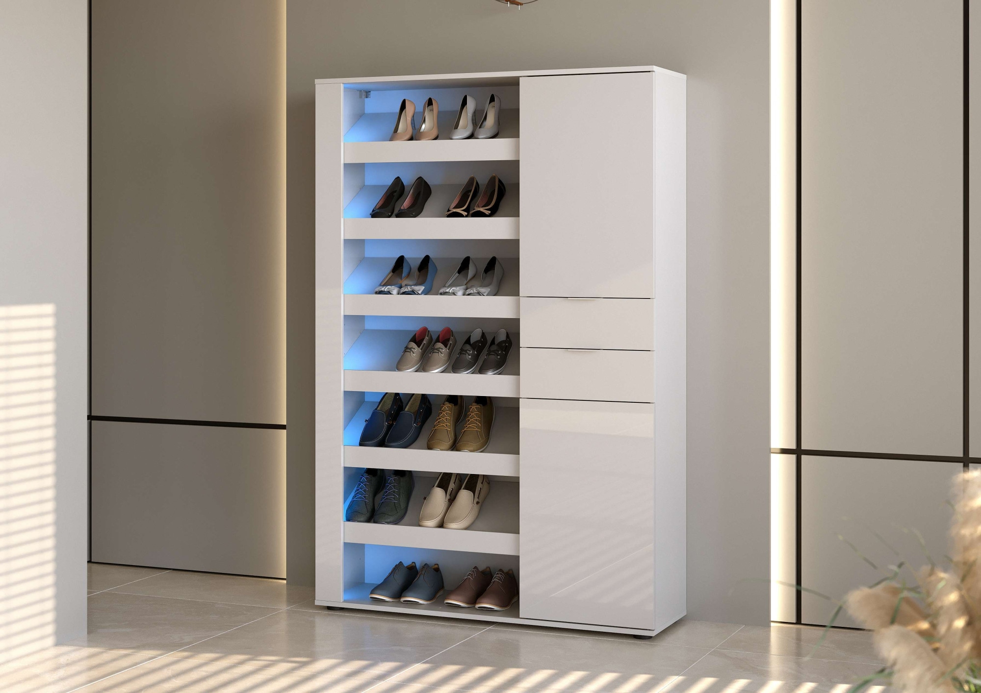 INOSIGN Schuhschrank »BOOST, Schuhschrank,Schuhregal, Breite 120 cm, LED optional bestellbar« 1 Stk. tlg. Hochglanz lackiert mit 7 offenen Fächern, 2 Türen und 2 Schubkästen