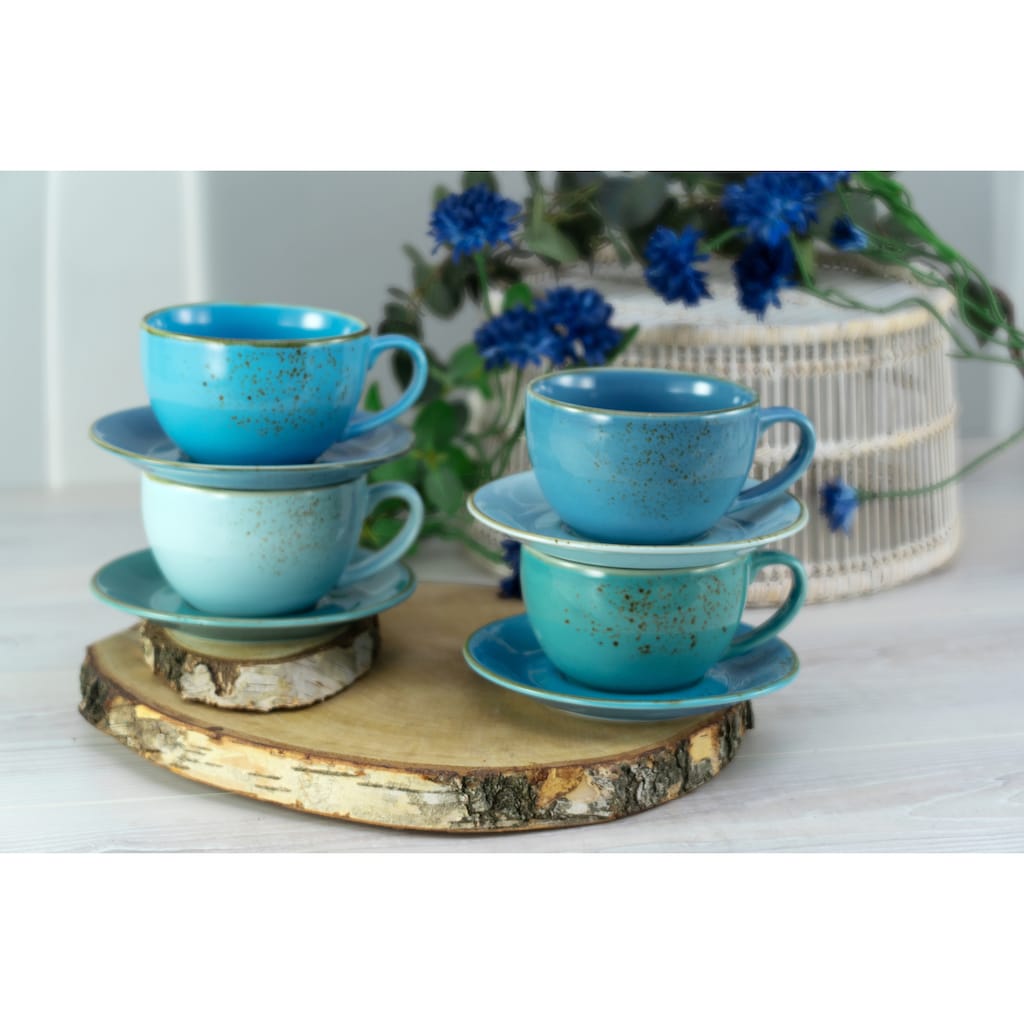 CreaTable Cappuccinotasse »Kaffeetasse NATURE COLLECTION Aqua«, (Set, 8 tlg.), Tassen Set, aktuelle Blautöne mit Sprenkel, 4 Tassen, 4 Untertassen