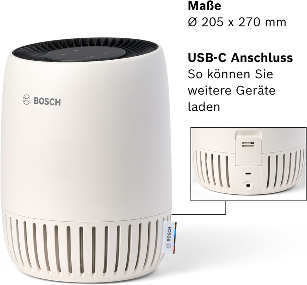 BOSCH Luftreiniger »Air 500, für eine effektive Reinigung, kompaktes Design« für 23 qm Räume USB-C Anschluss zum Laden eines Smartphones und Ruhemodus