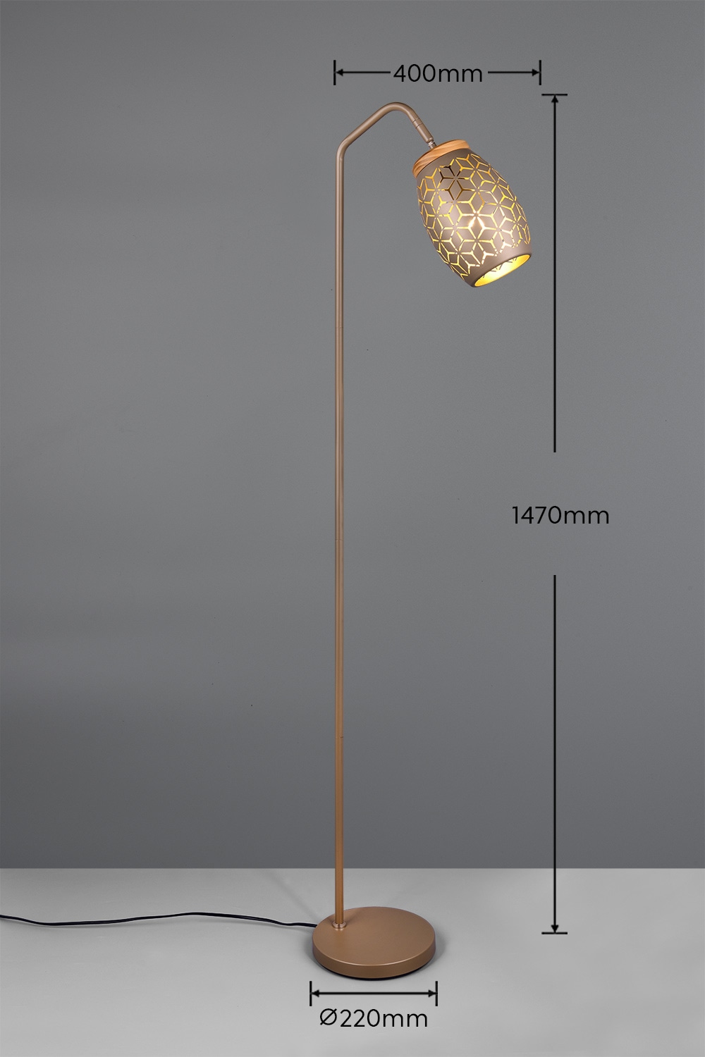 REALITY Leuchten Stehlampe »BIDAR, Stehleuchte Höhe 147 cm mit Fußschalter, exkl 1x E27 max 10W«, 1 flammig, Leuchtmittel E27 | Leuchtmittel wechselbar, Metall-Lampenschirm mit Lasercut Muster und Holz-Dekoelement